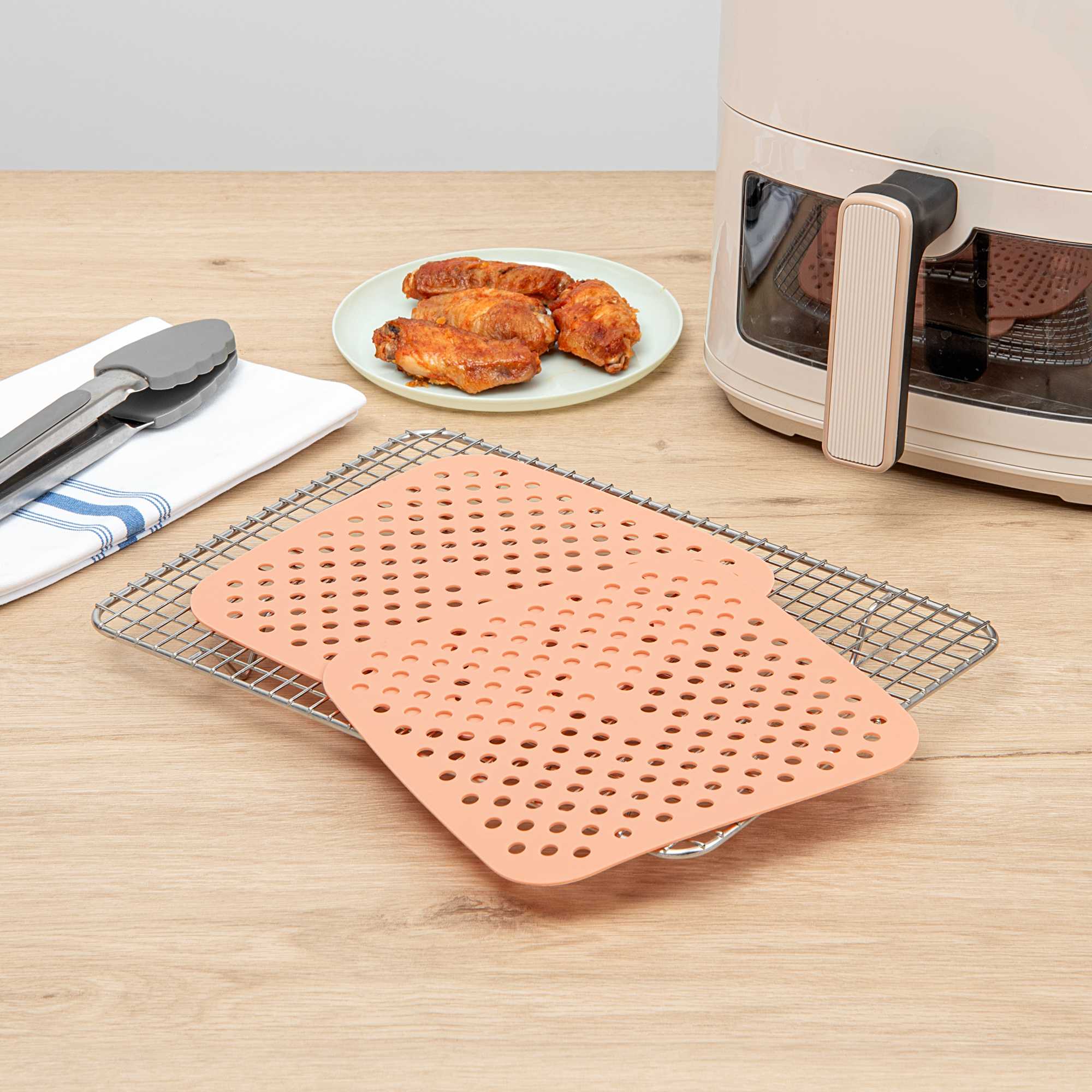 Pastry Tek Square Orange Reusable Silicone Air Fryer Liner - Non-Stick, For 3 qt or Bigger - 7 1/2" - 2 count box
