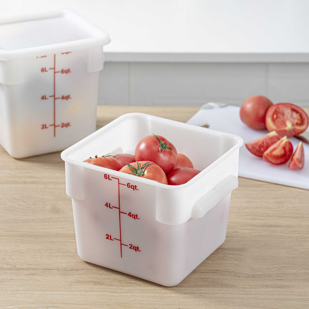 Met Lux 6 qt Square White Polyethylene Food Storage Container - with Red Volume Markers - 8 3/4" x 8 3/4" x 7 1/4" - 1 count box