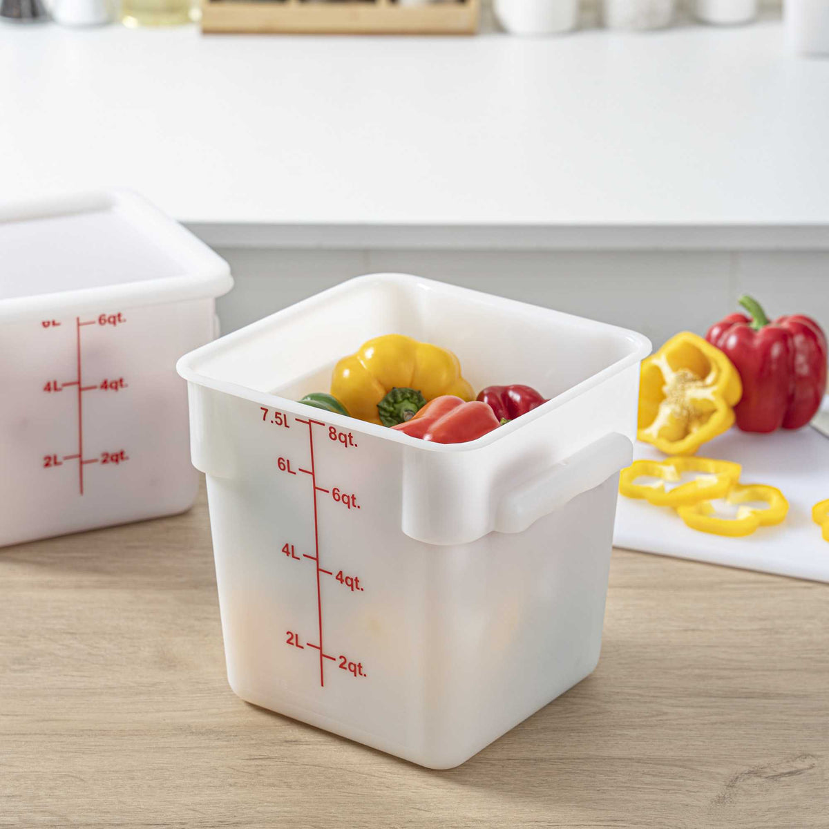 Met Lux 8 qt Square White Polyethylene Food Storage Container - with Red Volume Markers - 8 3/4" x 8 3/4" x 9" - 1 count box