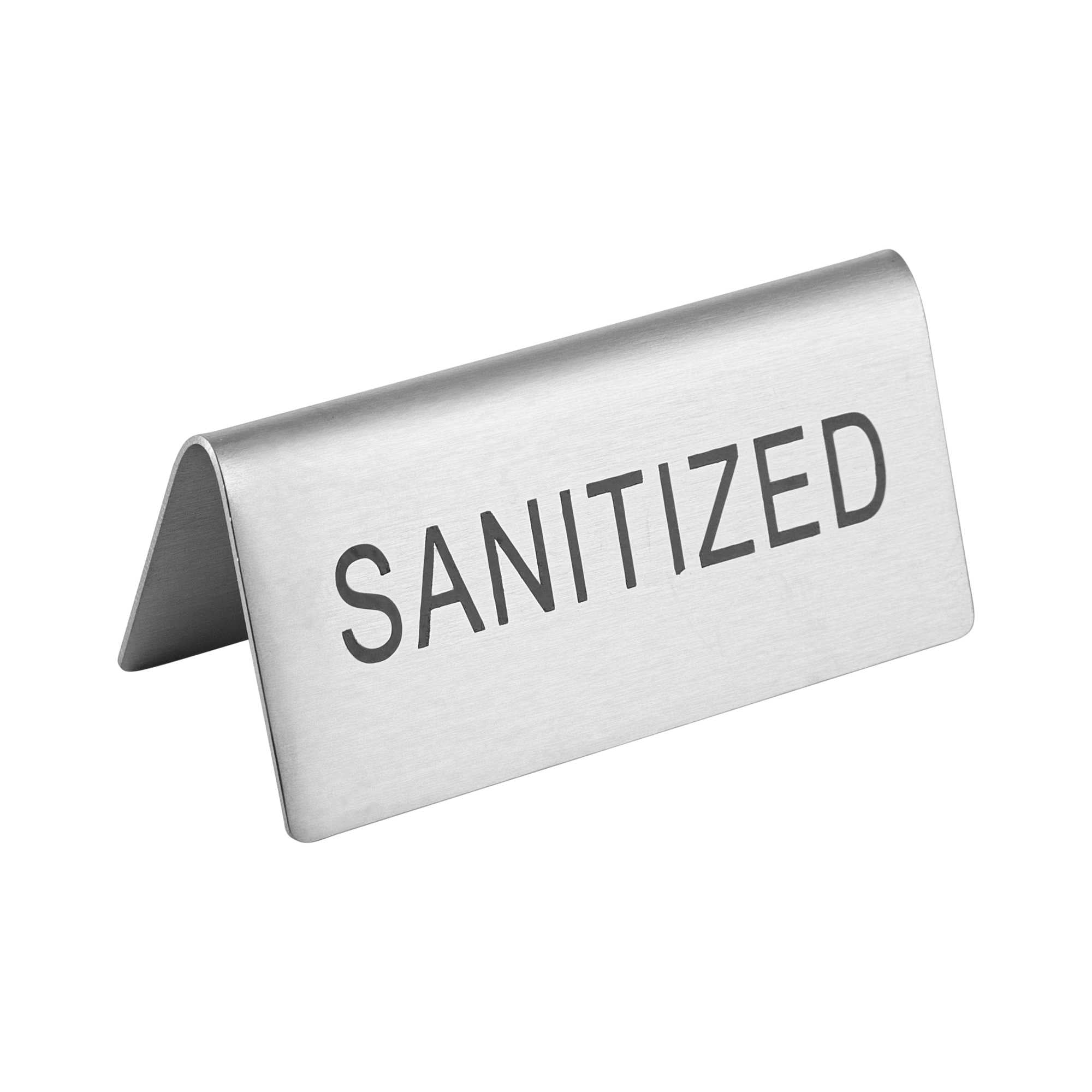Met Lux Double-Sided Stainless Steel "Sanitized" Table Tent Sign - 3" x 1 1/2" - 12 count box