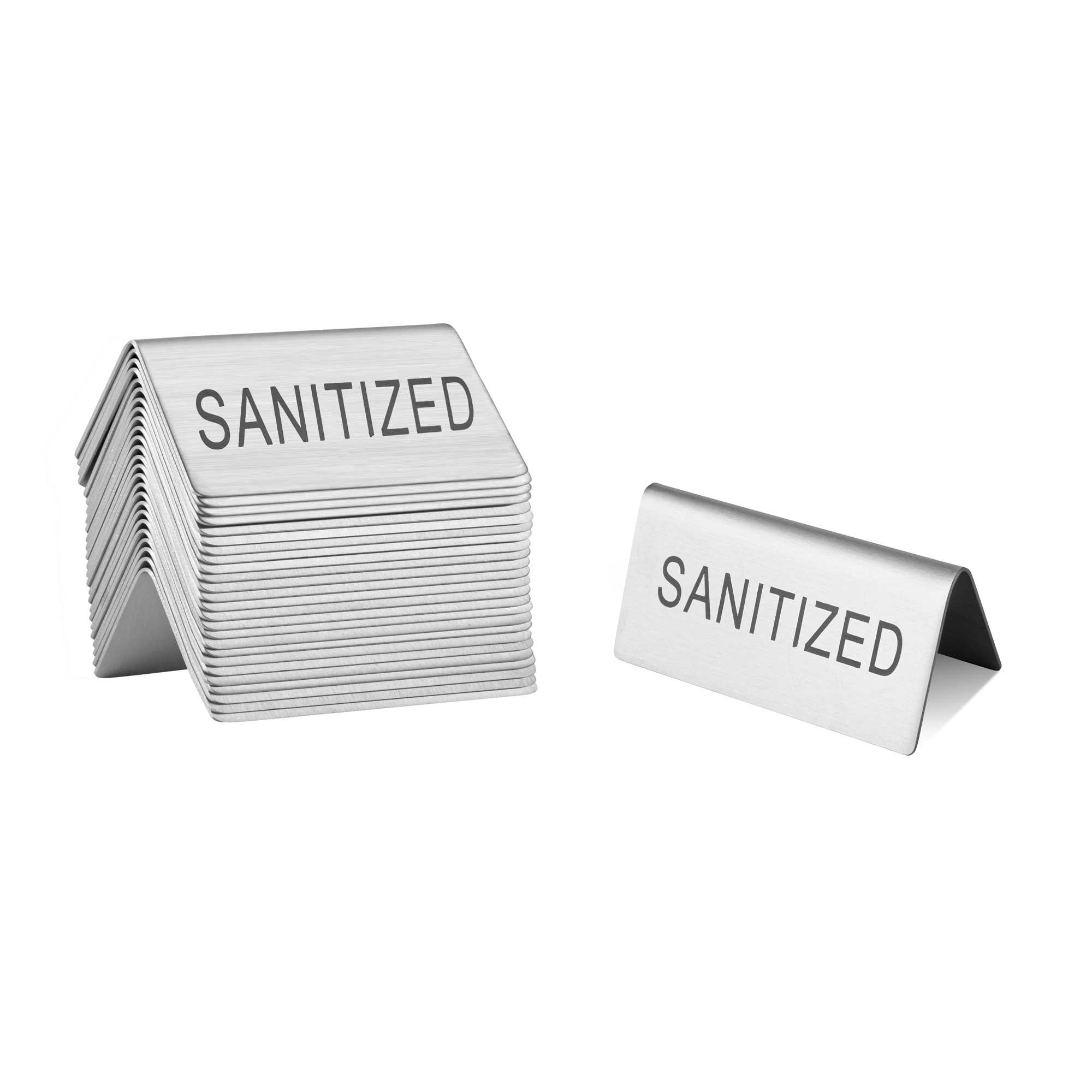 Met Lux Double-Sided Stainless Steel "Sanitized" Table Tent Sign - 3" x 1 1/2" - 12 count box
