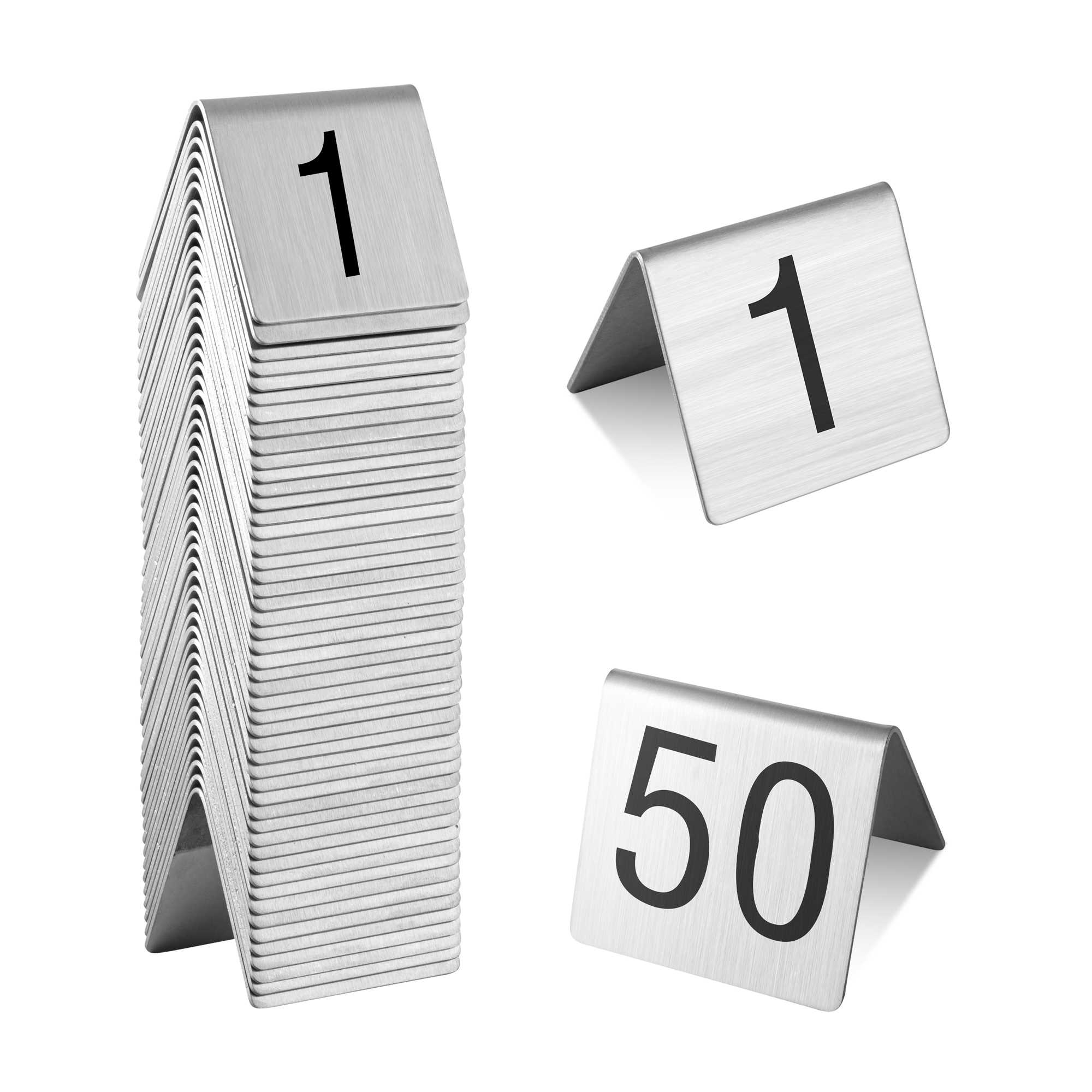 Met Lux Stainless Steel Number Table Tents - 1 to 50 - 2 1/2" x 2 1/4" - 1 count box