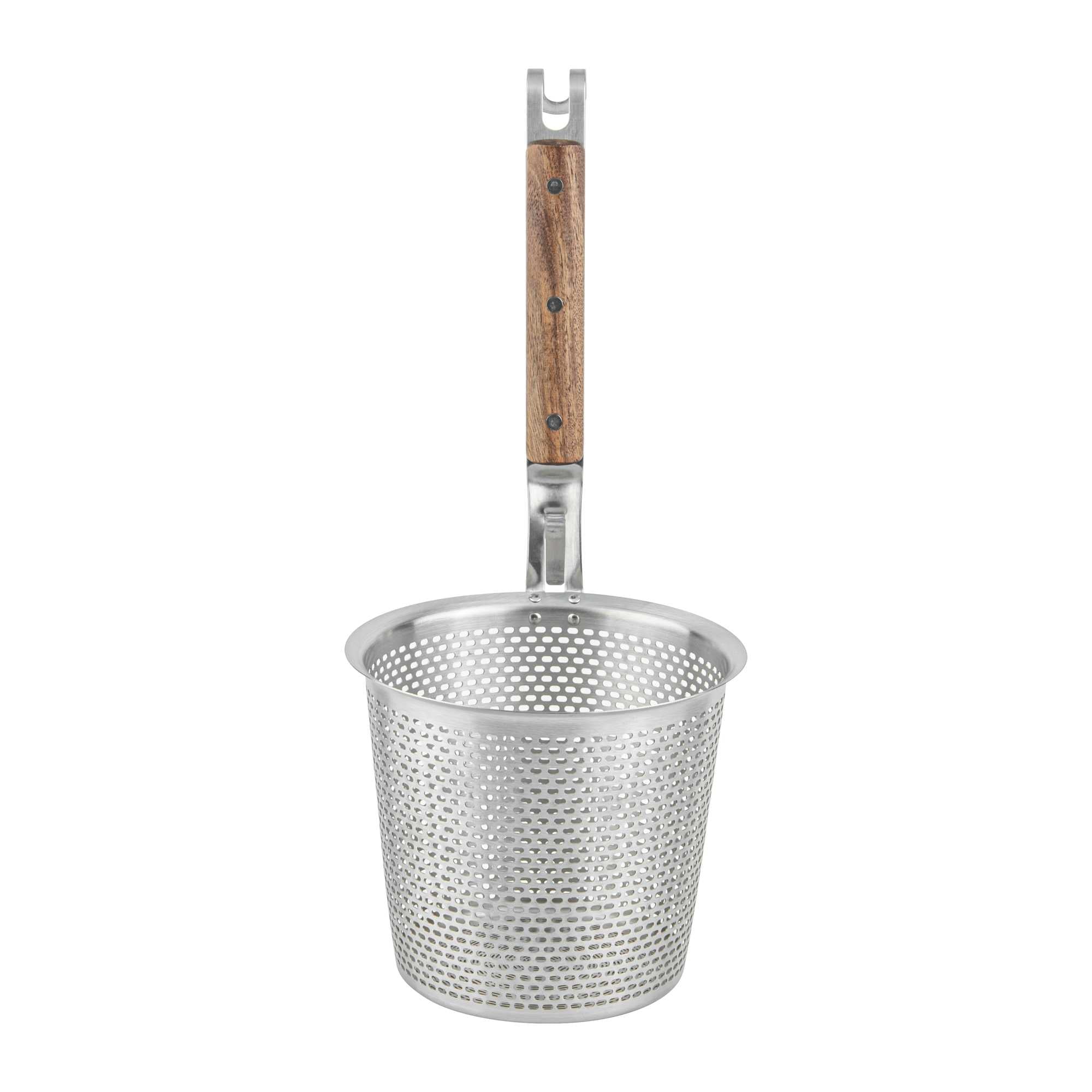 Met Lux Stainless Steel Noodle Strainer / Blanching Basket - with Wooden Handle - 6 1/4" x 5 1/2" x 14 1/2" - 1 count box