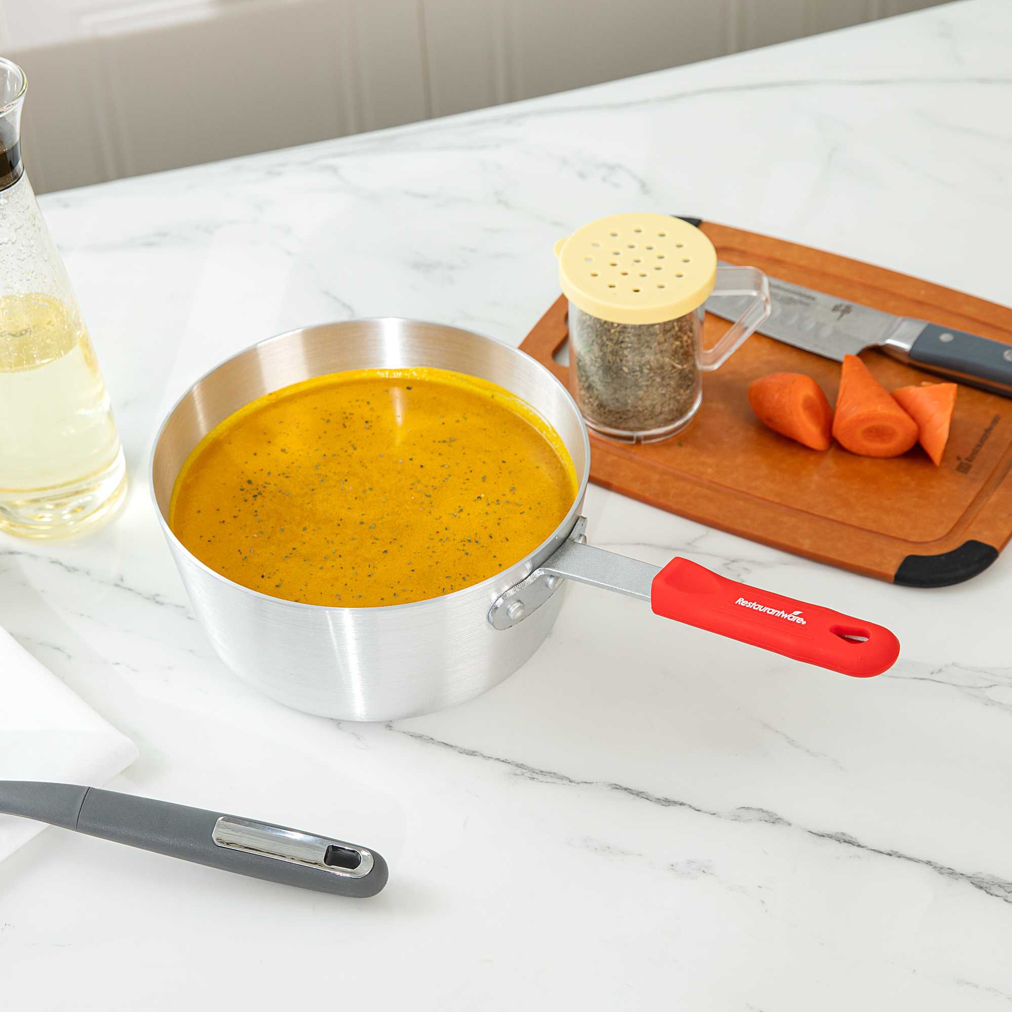 Met Lux 2.75 qt Tapered Aluminum Sauce Pan - with Red Silicone Handle Sleeve - 15" x 8 1/4" x 5 1/2" - 1 count box