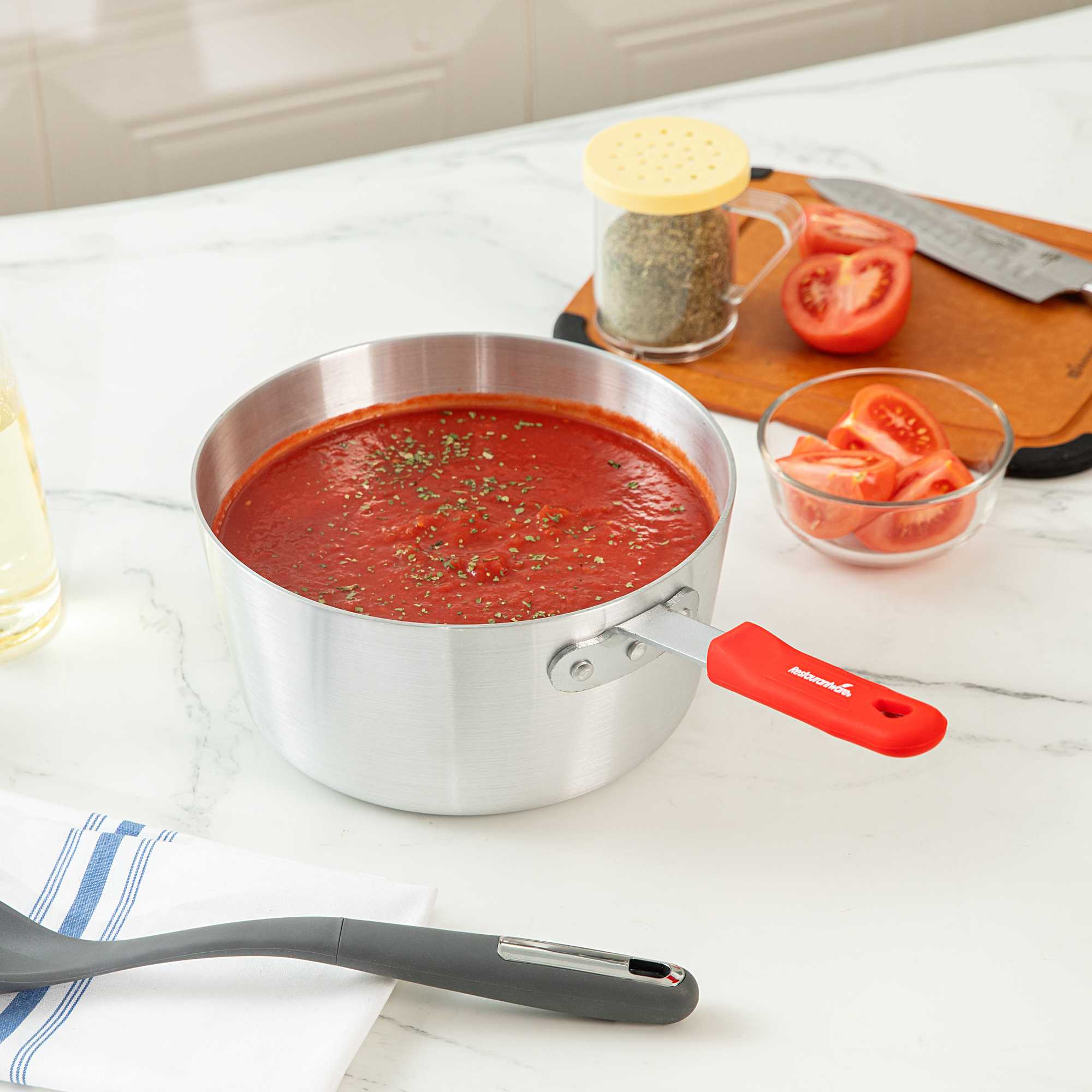 Met Lux 3.75 qt Tapered Aluminum Sauce Pan - with Red Silicone Handle Sleeve - 15 3/4" x 8 3/4" x 6" - 1 count box