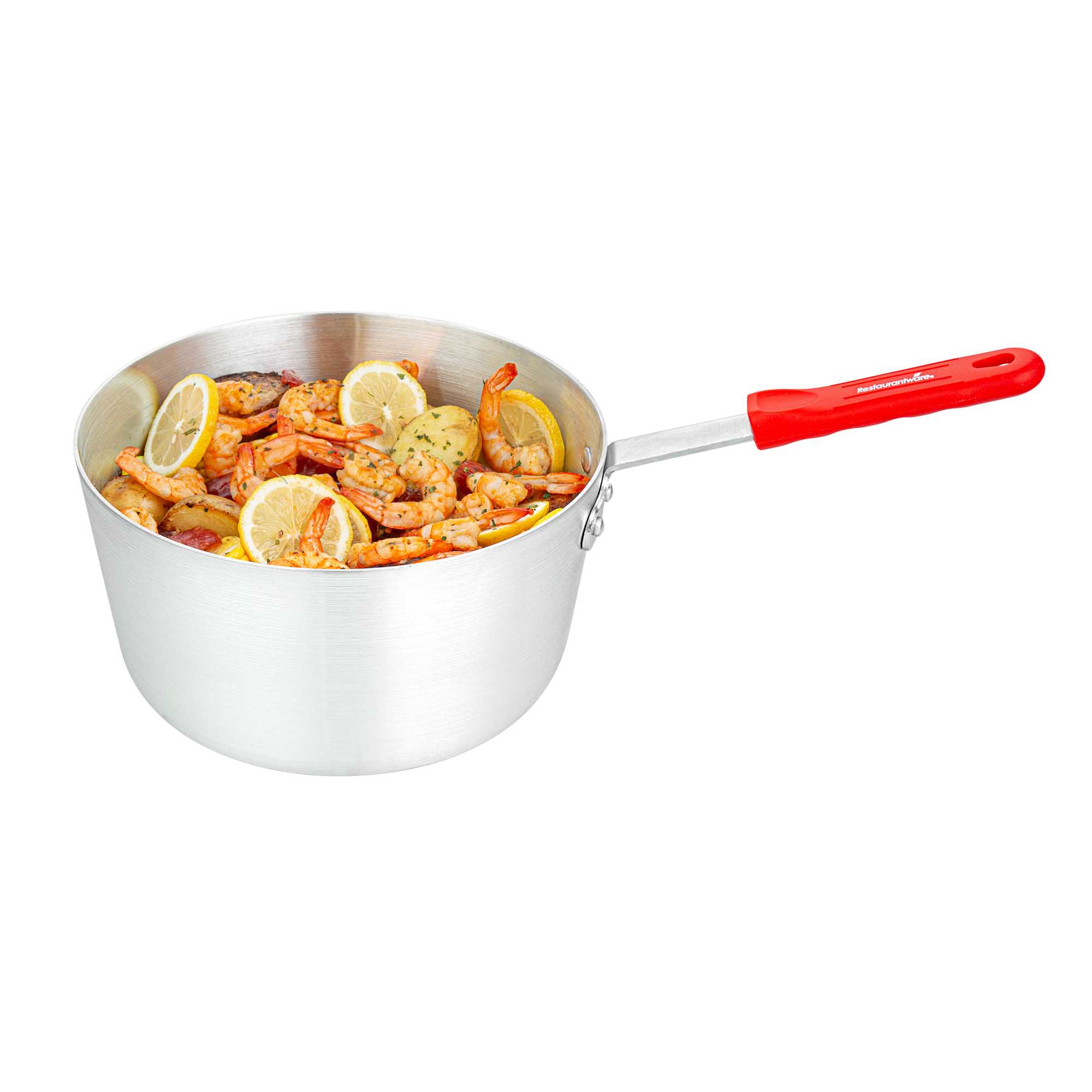 Met Lux 5.5 qt Tapered Aluminum Sauce Pan - with Red Silicone Handle Sleeve - 18" x 10" x 7 1/2" - 1 count box