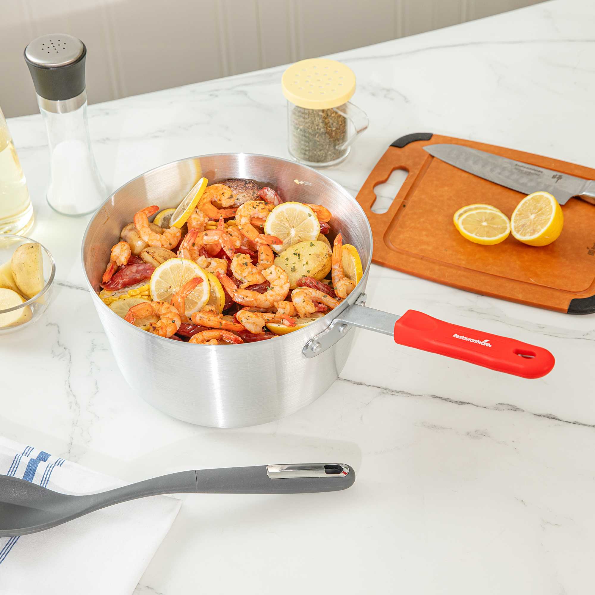 Met Lux 5.5 qt Tapered Aluminum Sauce Pan - with Red Silicone Handle Sleeve - 18" x 10" x 7 1/2" - 1 count box