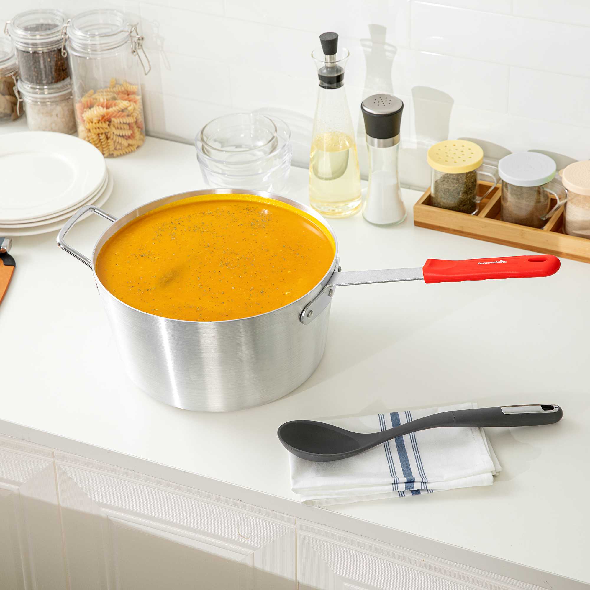 Met Lux 10 qt Tapered Aluminum Sauce Pan - with Red Silicone Handle Sleeve - 24 1/2" x 12" x 9" - 1 count box