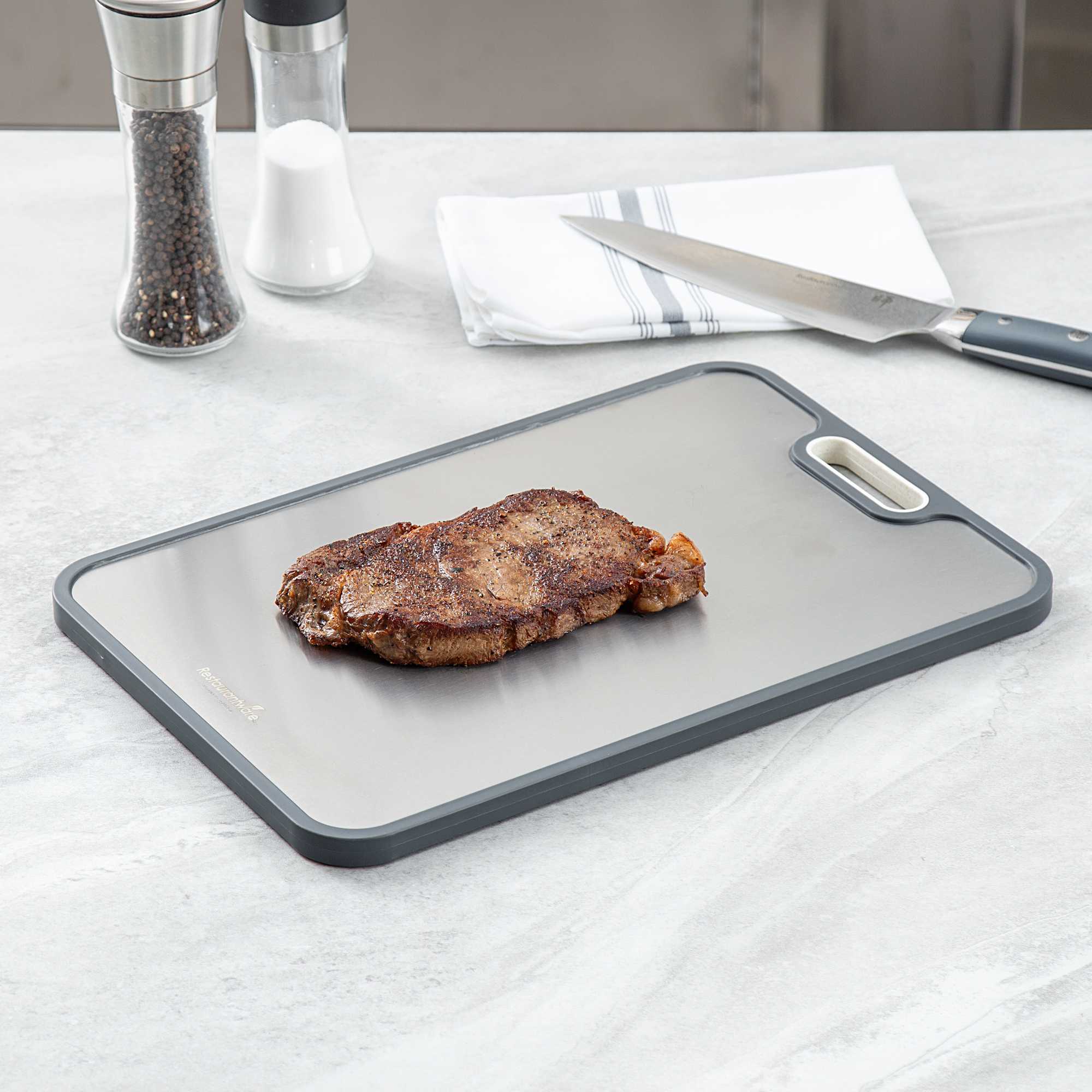 Met Lux Titanium / Wheat Straw PP Cutting Board - Dual-Sided, with Grater Slot and Anti-Slip Edges - 15 1/4" x 10 1/2" - 1 count box