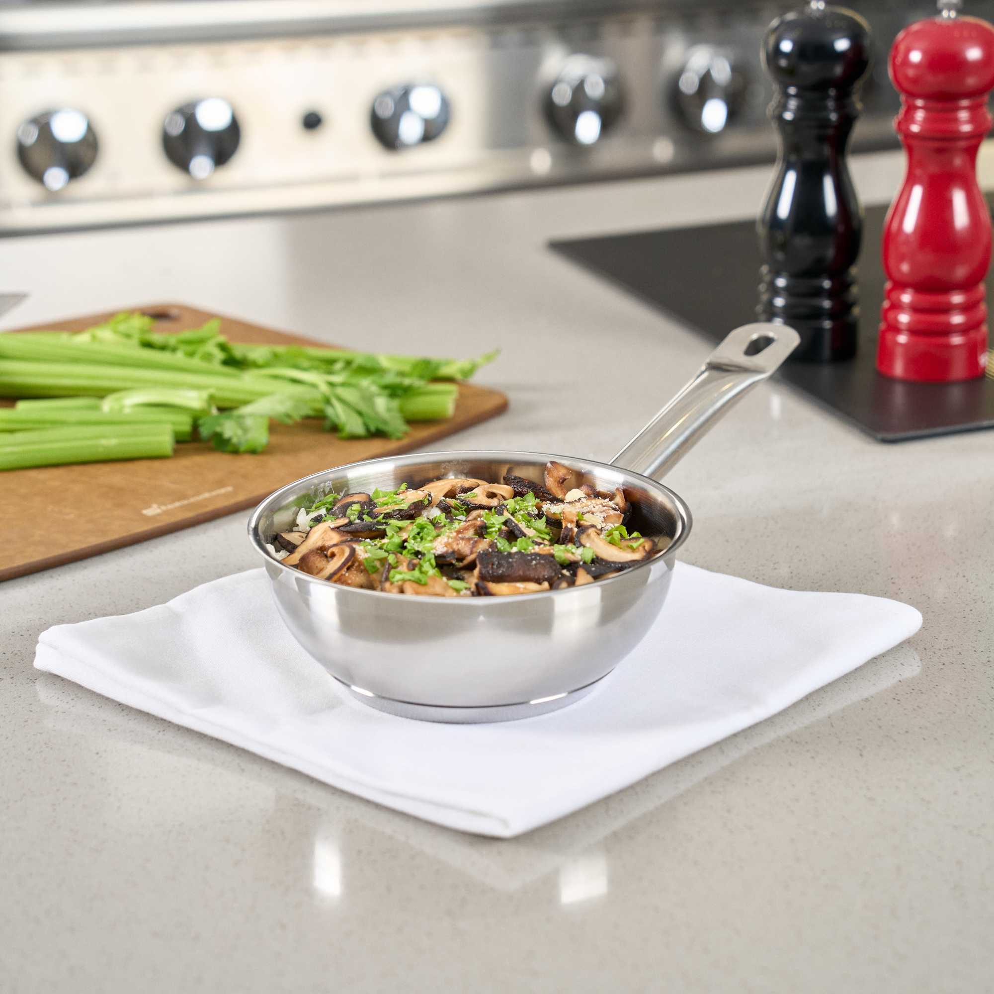 German Standard 1 qt Stainless Steel Saucier Pan - with Aluminum-Clad Bottom, Welded Hollow Handle - 1 count box