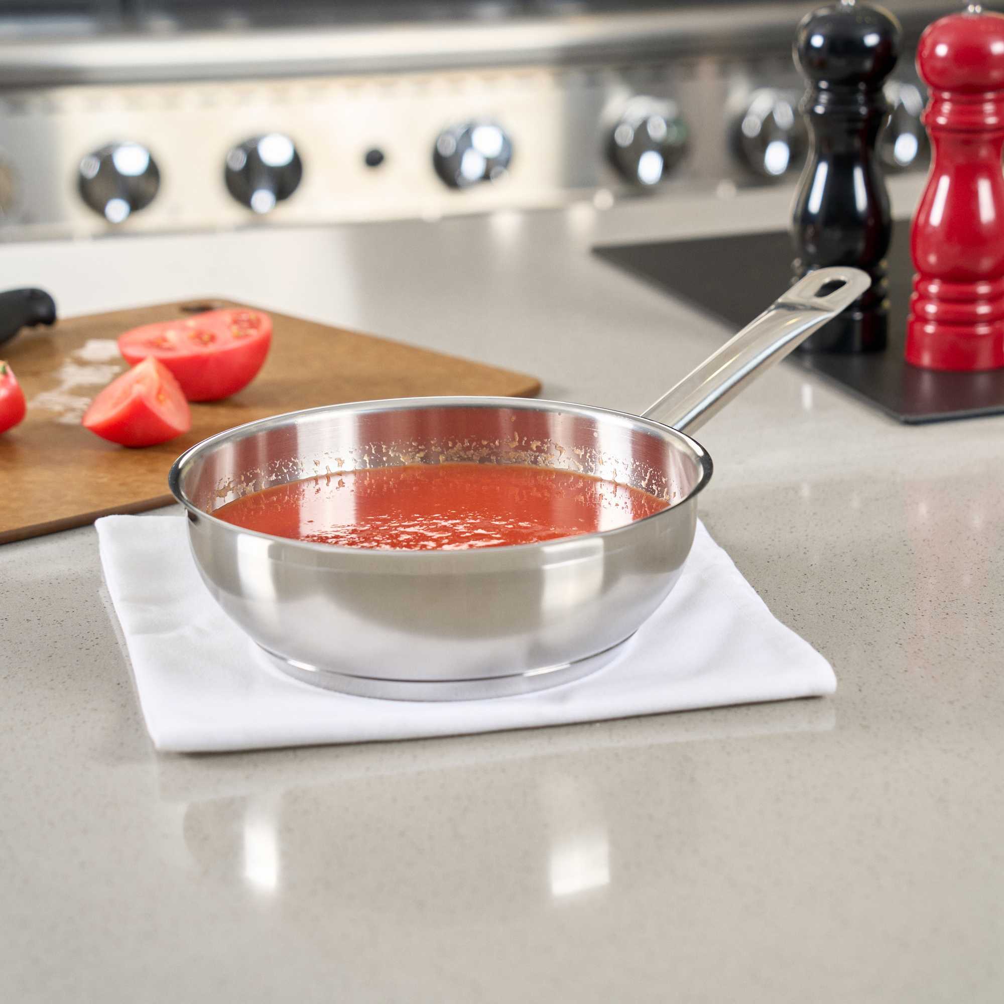 German Standard 2 qt Stainless Steel Saucier Pan - with Aluminum-Clad Bottom, Welded Hollow Handle - 1 count box