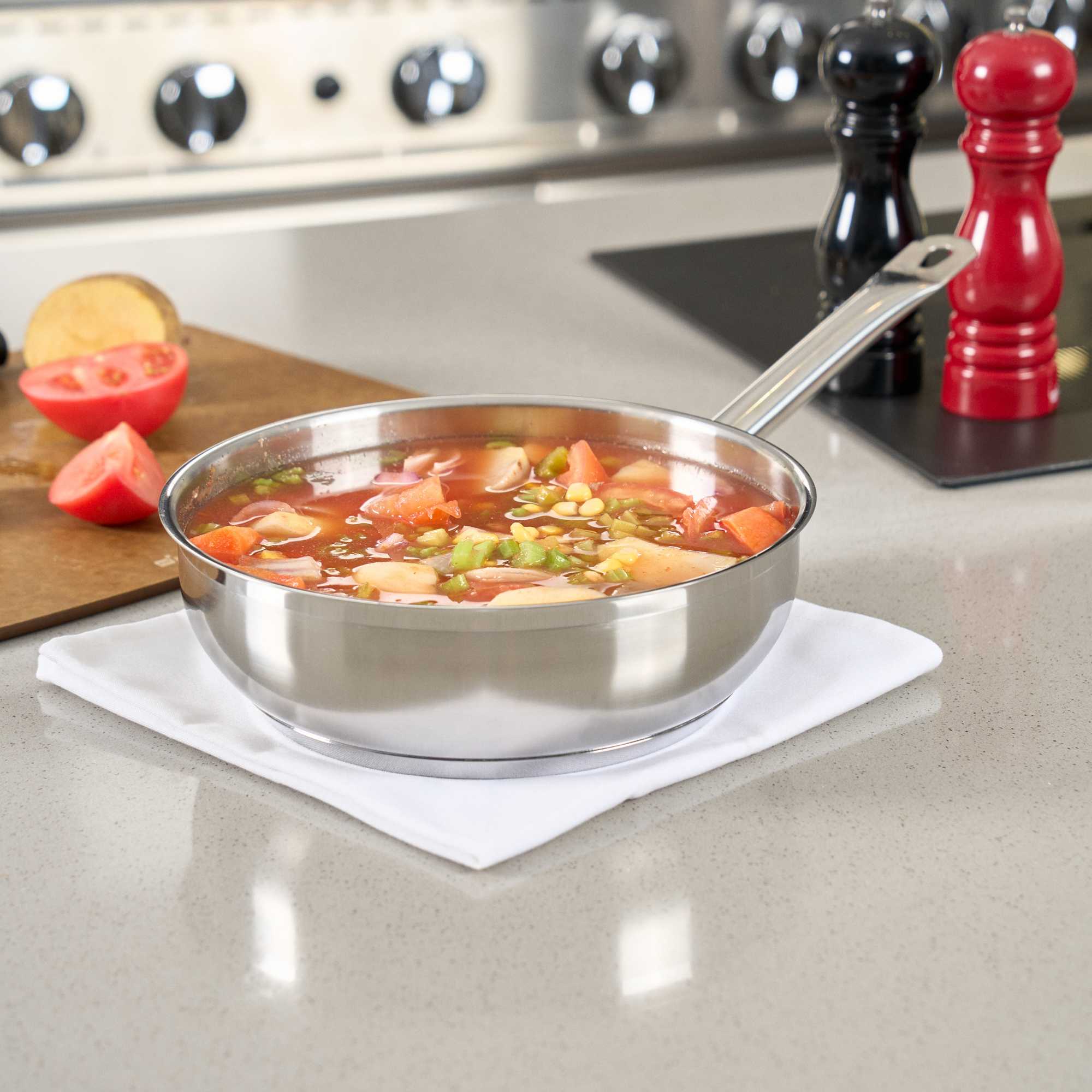 German Standard 3 qt Stainless Steel Saucier Pan - with Aluminum-Clad Bottom, Welded Hollow Handle - 1 count box