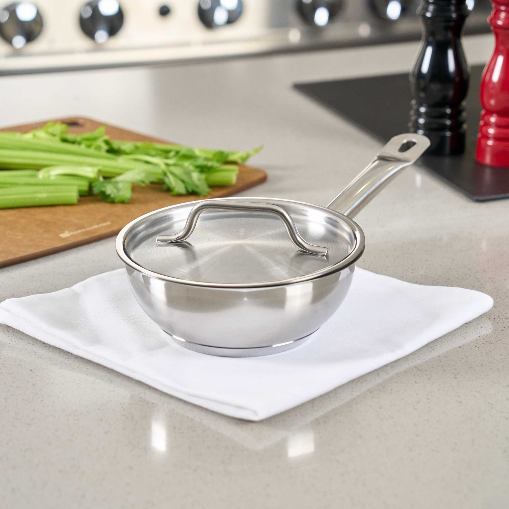 German Standard 1 qt Stainless Steel Saucier Pan - with Lid, Aluminum-Clad Bottom, Welded Hollow Handle - 1 count box
