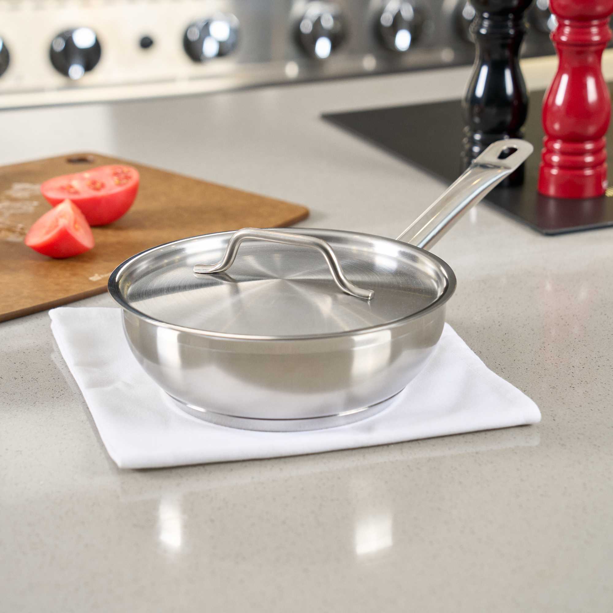 German Standard 2 qt Stainless Steel Saucier Pan - with Lid, Aluminum-Clad Bottom, Welded Hollow Handle - 1 count box