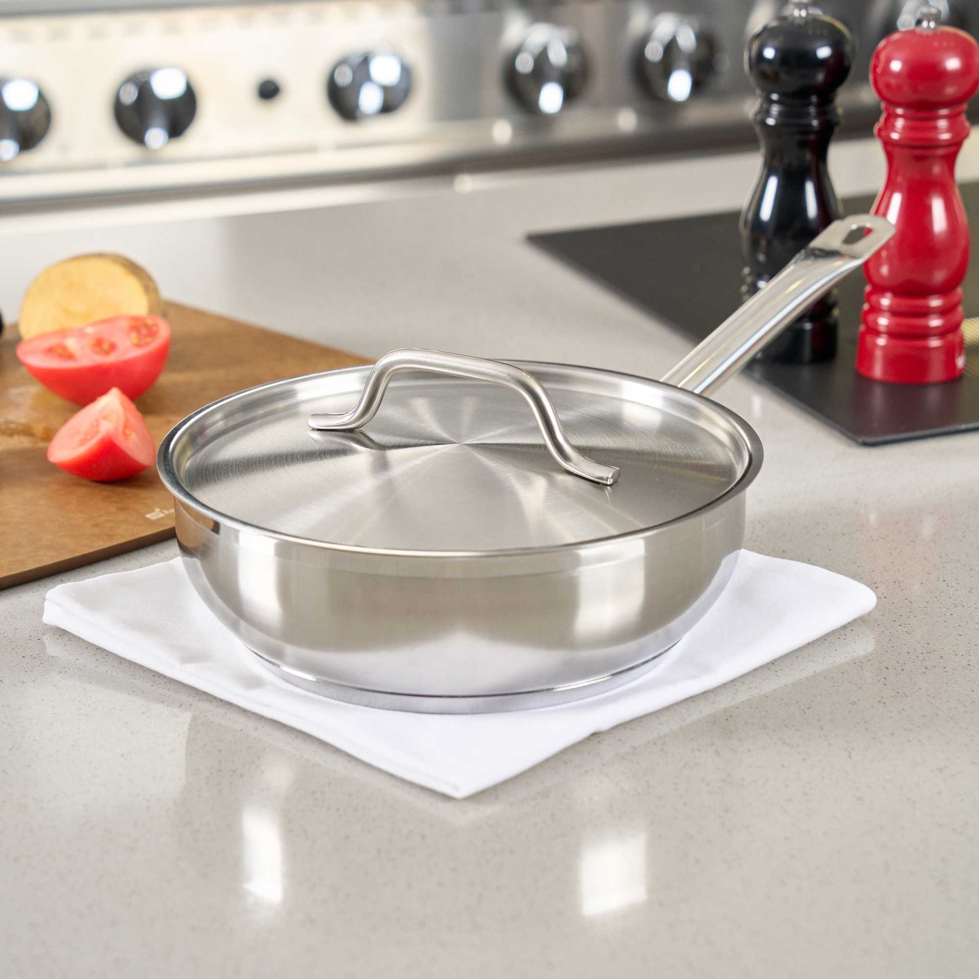 German Standard 3 qt Stainless Steel Saucier Pan - with Lid, Aluminum-Clad Bottom, Welded Hollow Handle - 1 count box