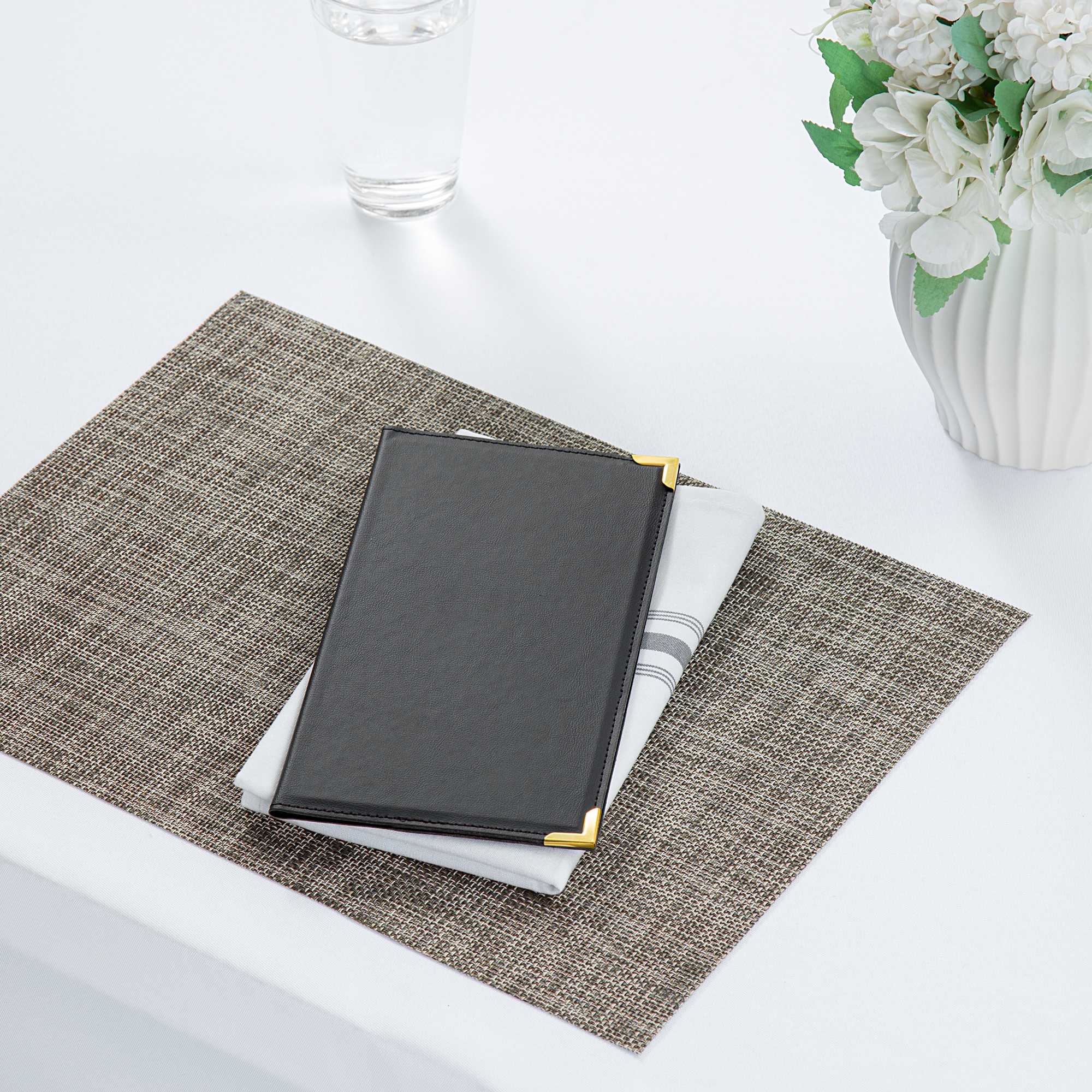 Chef 101 Black Vinyl Guest Check Presenter - with Gold Corners - 5" x 9" - 1 count box