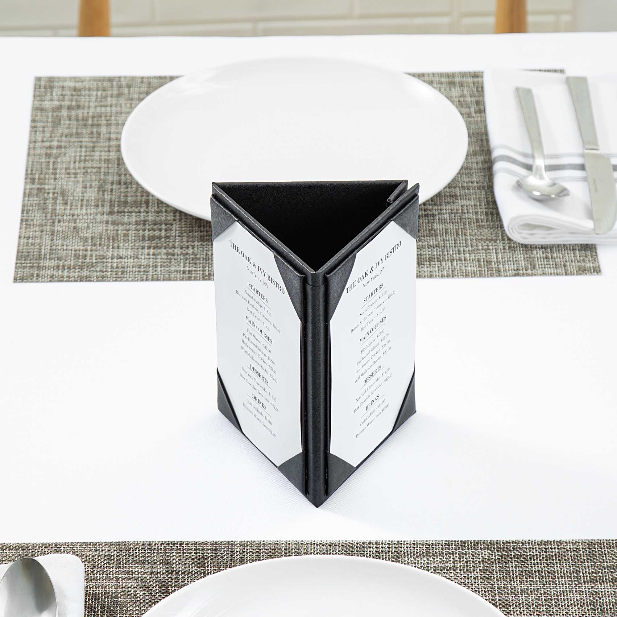 Chef 101 Black Vinyl Triangular Table Tent - 3-View - 4" x 6" - 1 count box