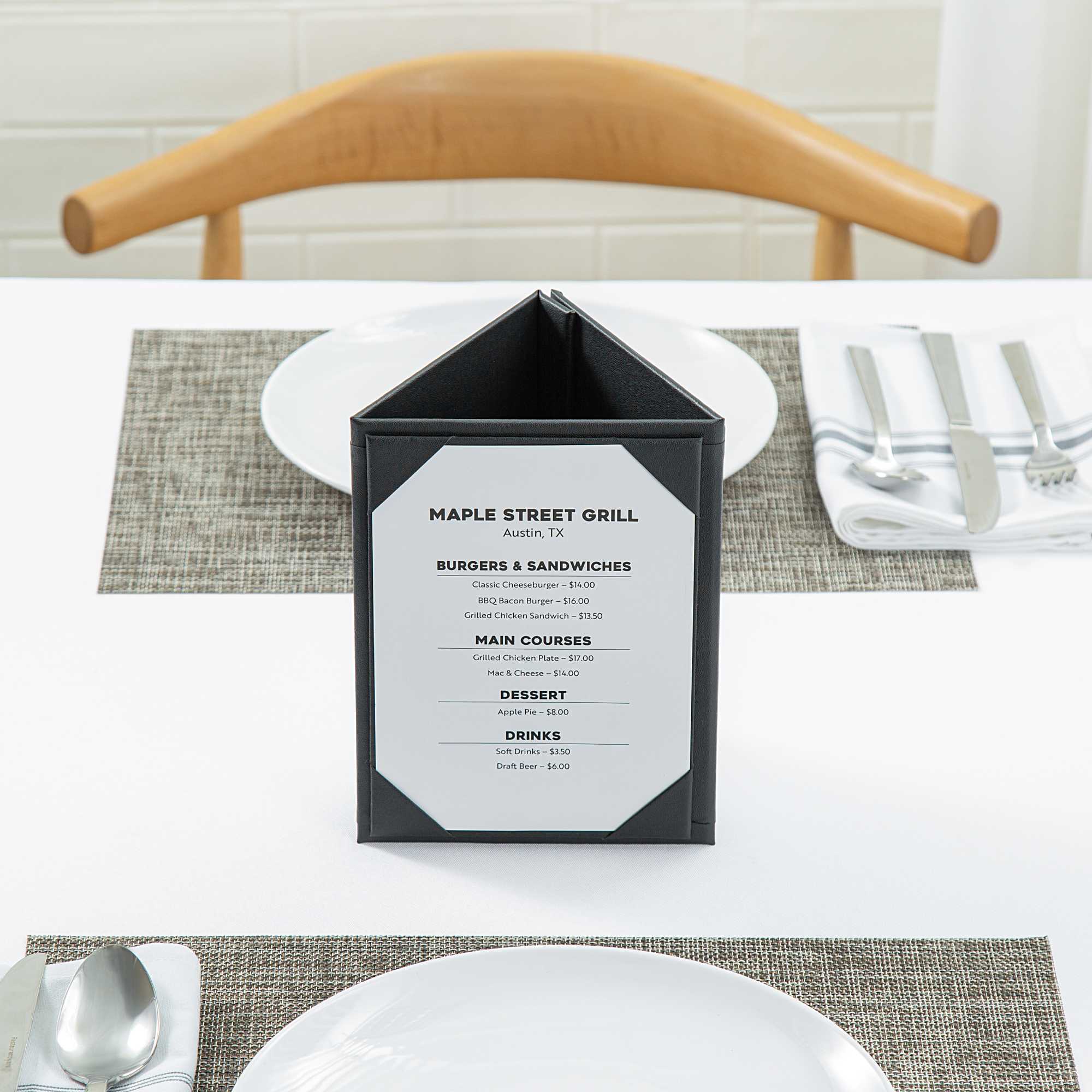 Chef 101 Black Vinyl Triangular Table Tent - 3-View - 5" x 7" - 1 count box