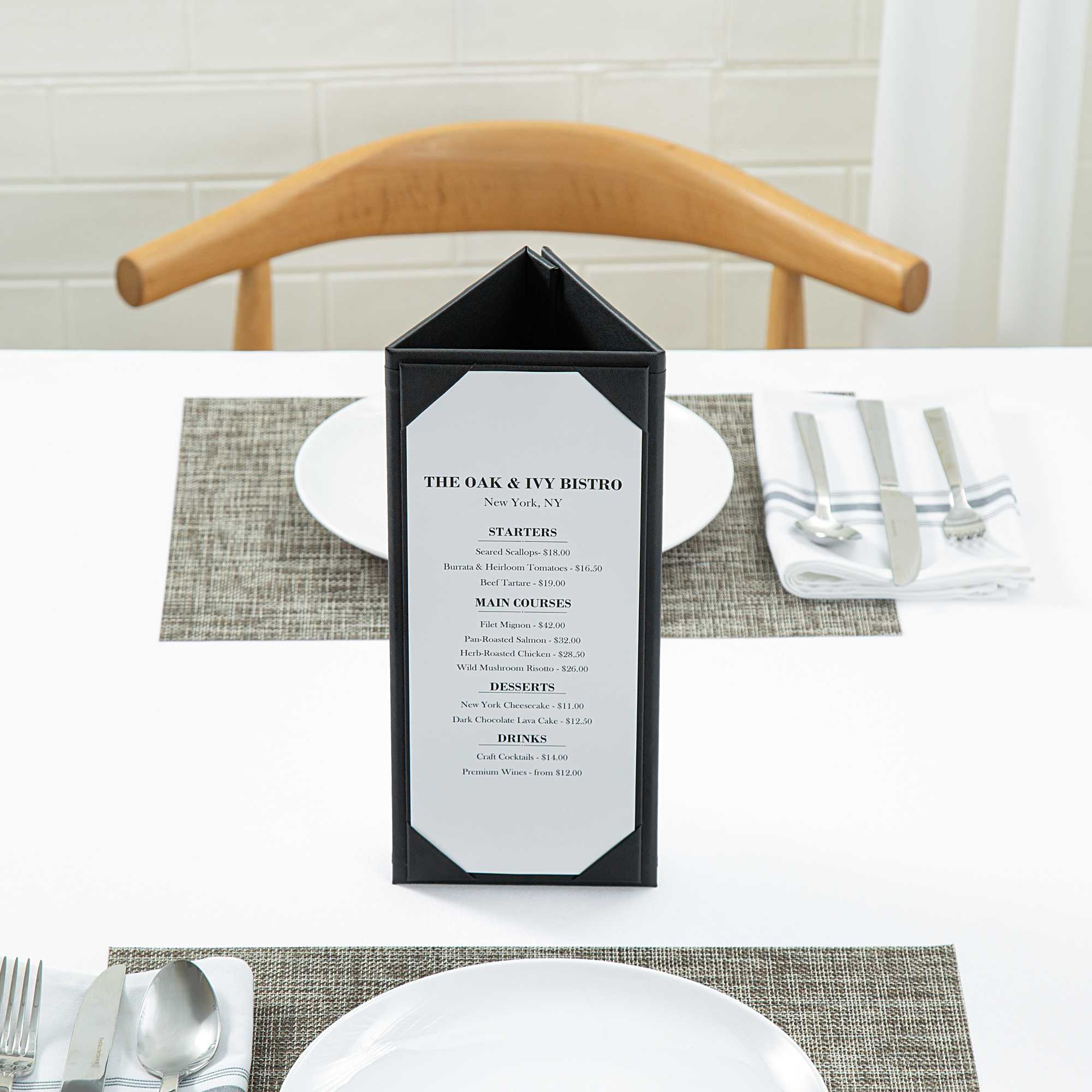 Chef 101 Black Vinyl Triangular Table Tent - 3-View - 4 1/4" x 11" - 1 count box