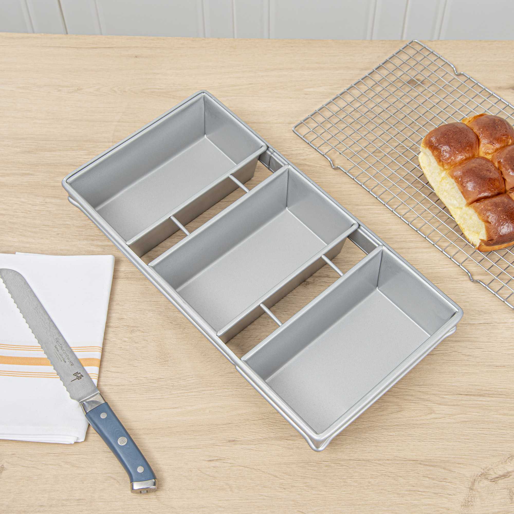 Pastry Tek 1 lb Glazed Aluminized Steel Bread Loaf Pan - 3 Strap - 17 3/4" x 9 1/4" x 3" - 1 count box