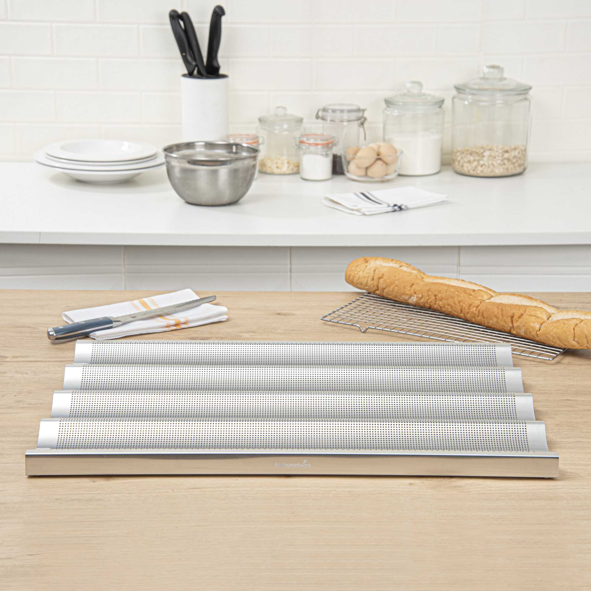 Pastry Tek Glazed Aluminum Baguette / French Bread Pan - 4 Loaf Compartments - 26" x 18" x 1 1/4" - 1 count box