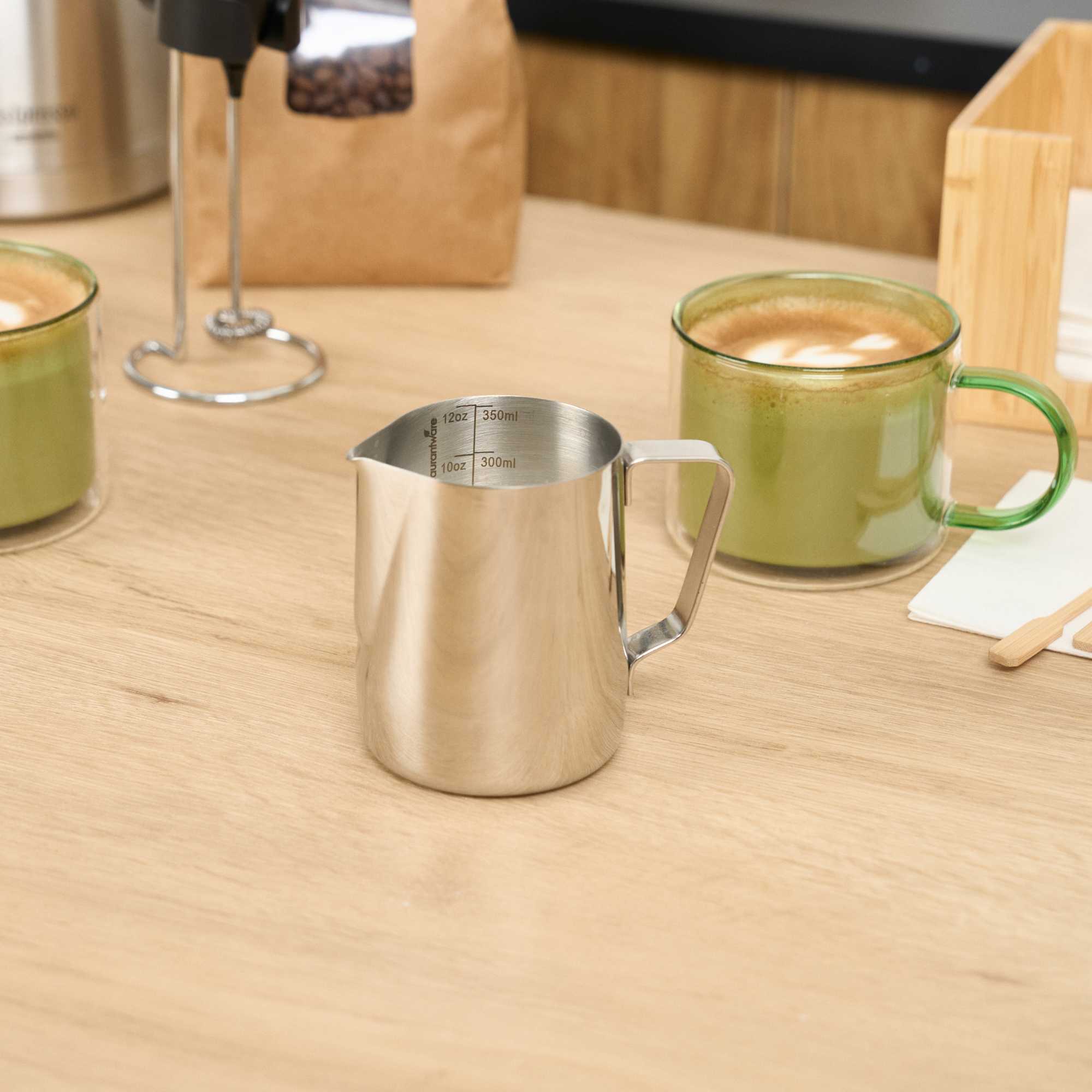 Restpresso 12 oz Silver Stainless Steel Frothing Pitcher - with Measuring Lines - 4 1/4" x 2 1/2" x 3 1/2" - 1 count box
