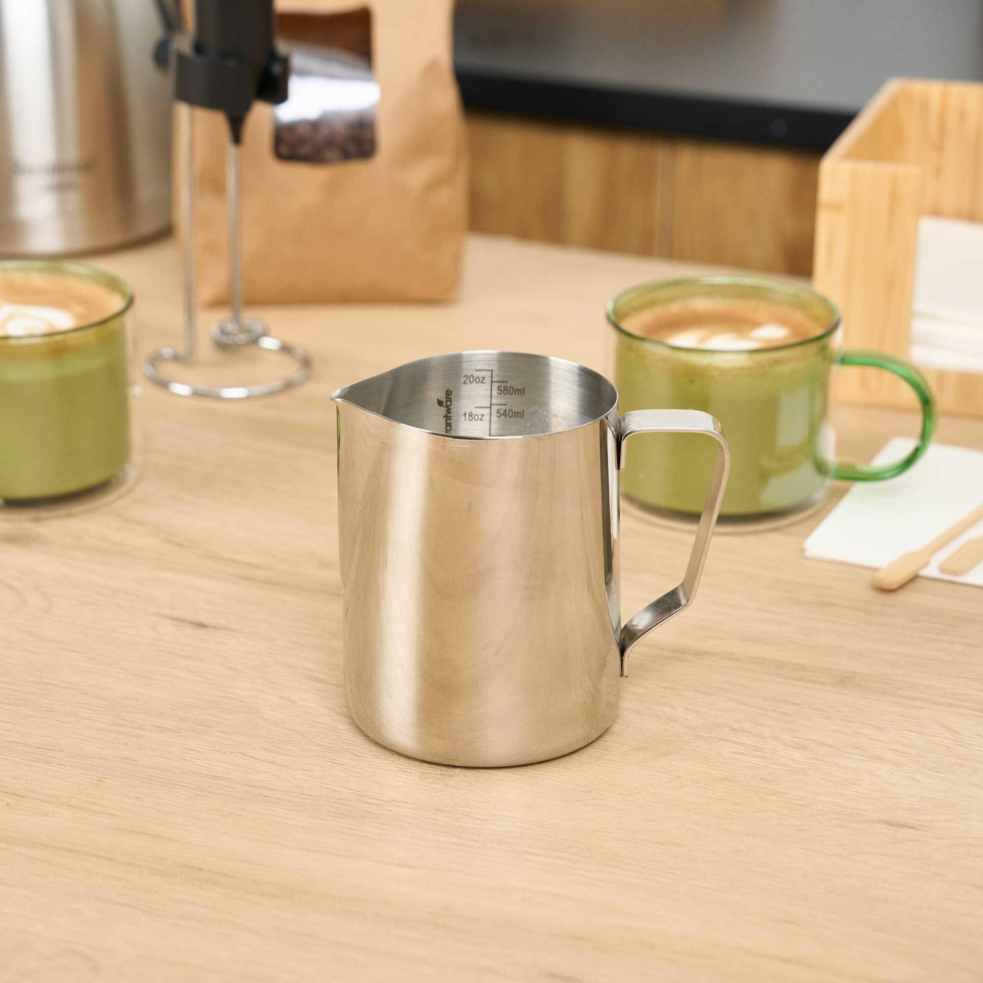Restpresso 20 oz Silver Stainless Steel Frothing Pitcher - with Measuring Lines - 5" x 3 1/4" x 4 1/4" - 1 count box