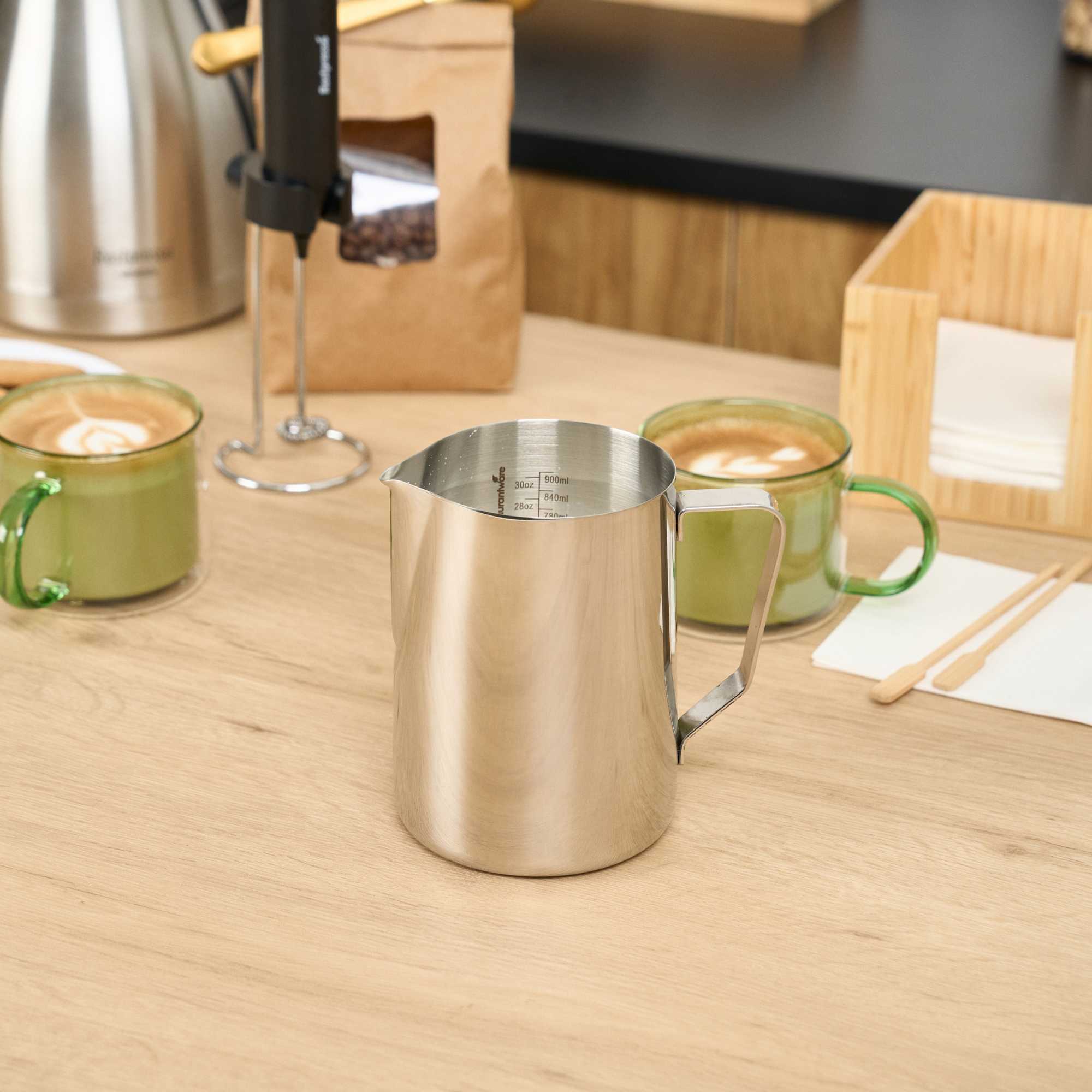 Restpresso 33 oz Silver Stainless Steel Frothing Pitcher - with Measuring Lines - 6" x 3 1/2" x 5 1/2" - 1 count box