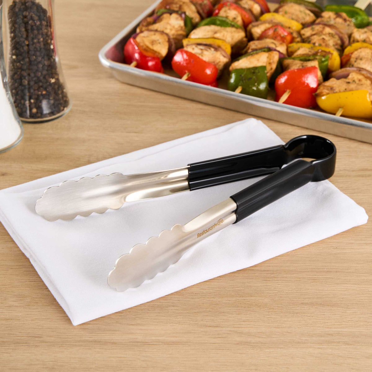 Met Lux Stainless Steel Tongs - Scalloped, Black Coated Handle - 10 1/4" x 1 1/2" x 1 1/2" - 1 count box