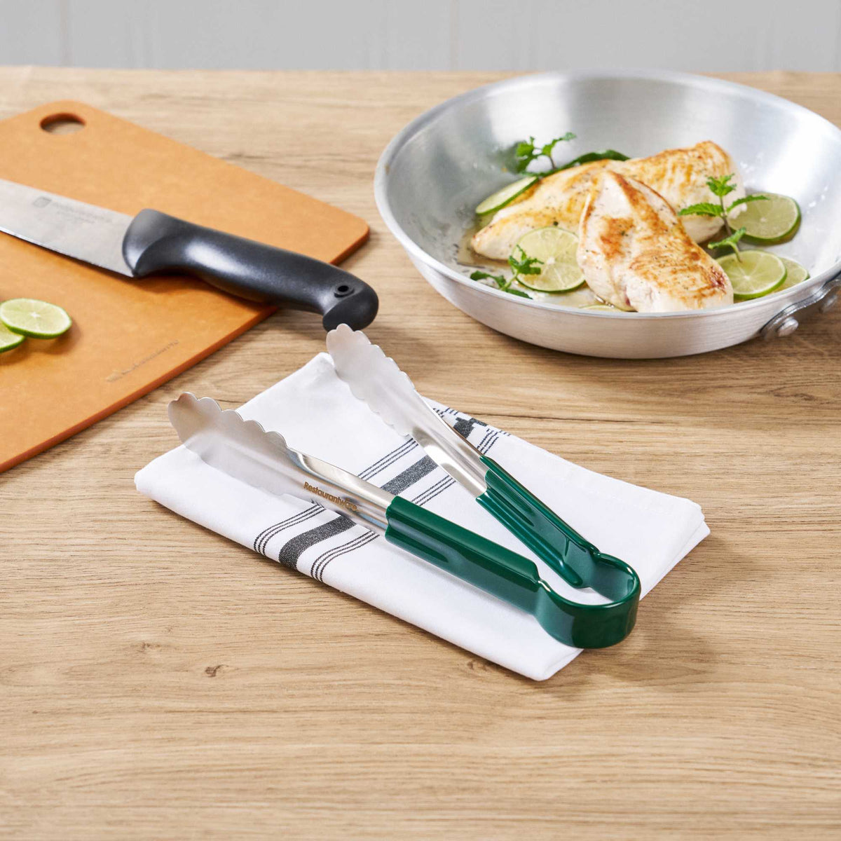 Met Lux Stainless Steel Tongs - Scalloped, Green Coated Handle - 10 1/4" x 1 1/2" x 1 1/2" - 1 count box