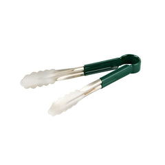 Met Lux Stainless Steel Tongs - Scalloped, Green Coated Handle - 10 1/4