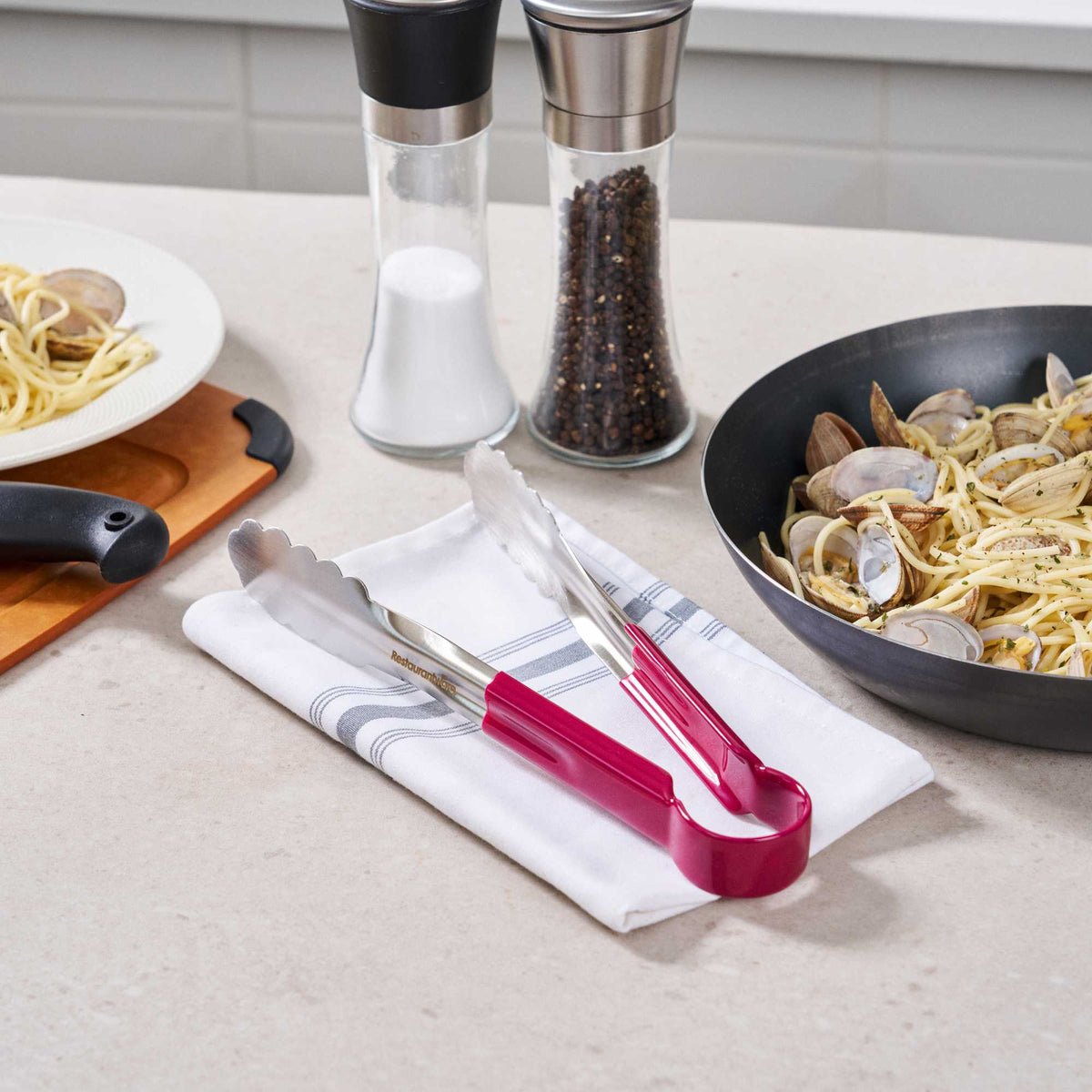Met Lux Stainless Steel Tongs - Scalloped, Pink Coated Handle - 10 1/4" x 1 1/2" x 1 1/2" - 1 count box