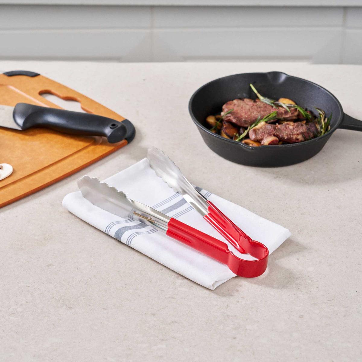 Met Lux Stainless Steel Tongs - Scalloped, Red Coated Handle - 10 1/4" x 1 1/2" x 1 1/2" - 1 count box
