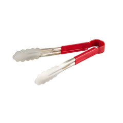 Met Lux Stainless Steel Tongs - Scalloped, Red Coated Handle - 10 1/4