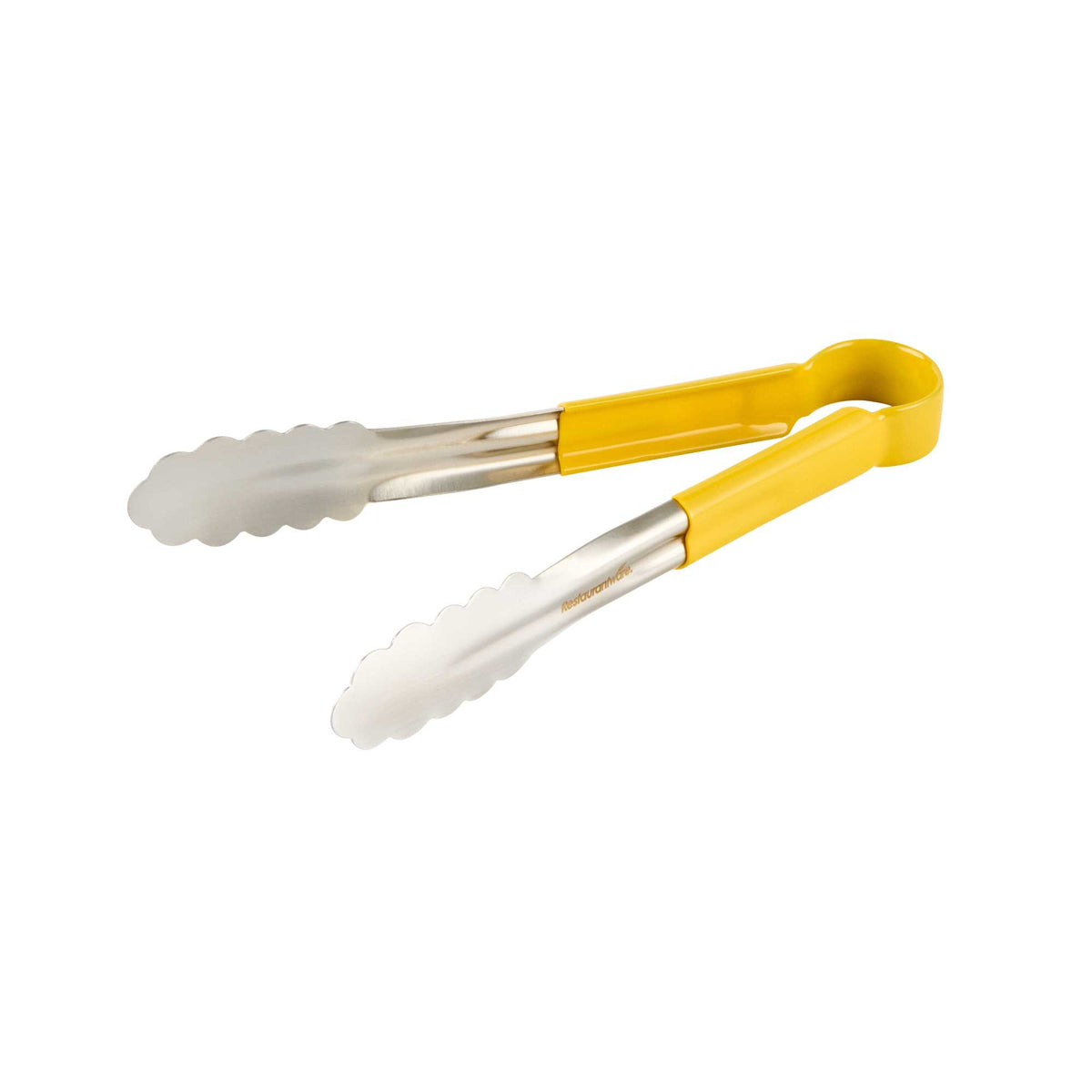 Met Lux Stainless Steel Tongs - Scalloped, Yellow Coated Handle - 10 1/4" x 1 1/2" x 1 1/2" - 1 count box