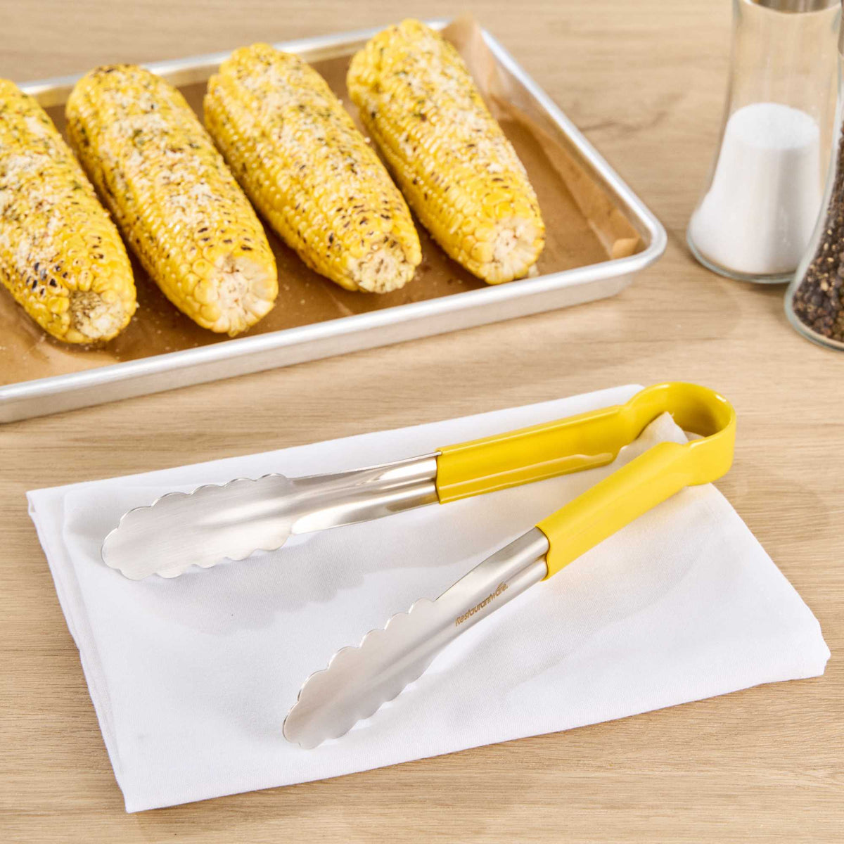 Met Lux Stainless Steel Tongs - Scalloped, Yellow Coated Handle - 10 1/4" x 1 1/2" x 1 1/2" - 1 count box