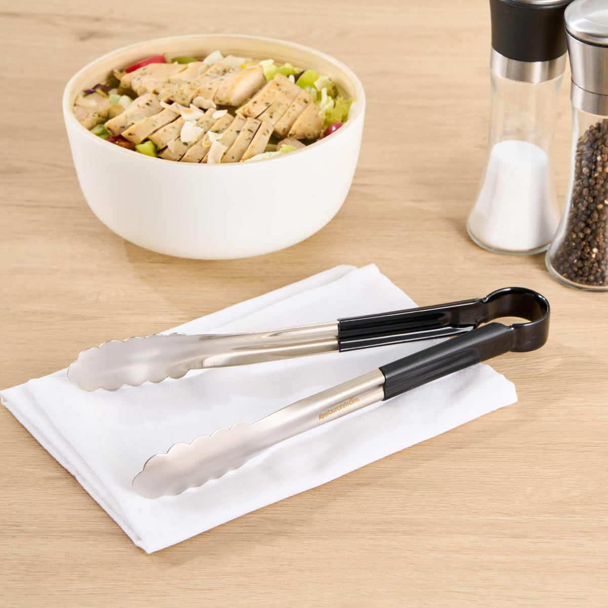 Met Lux Stainless Steel Tongs - Scalloped, Black Coated Handle - 12" x 1 1/2" x 1 1/2" - 1 count box