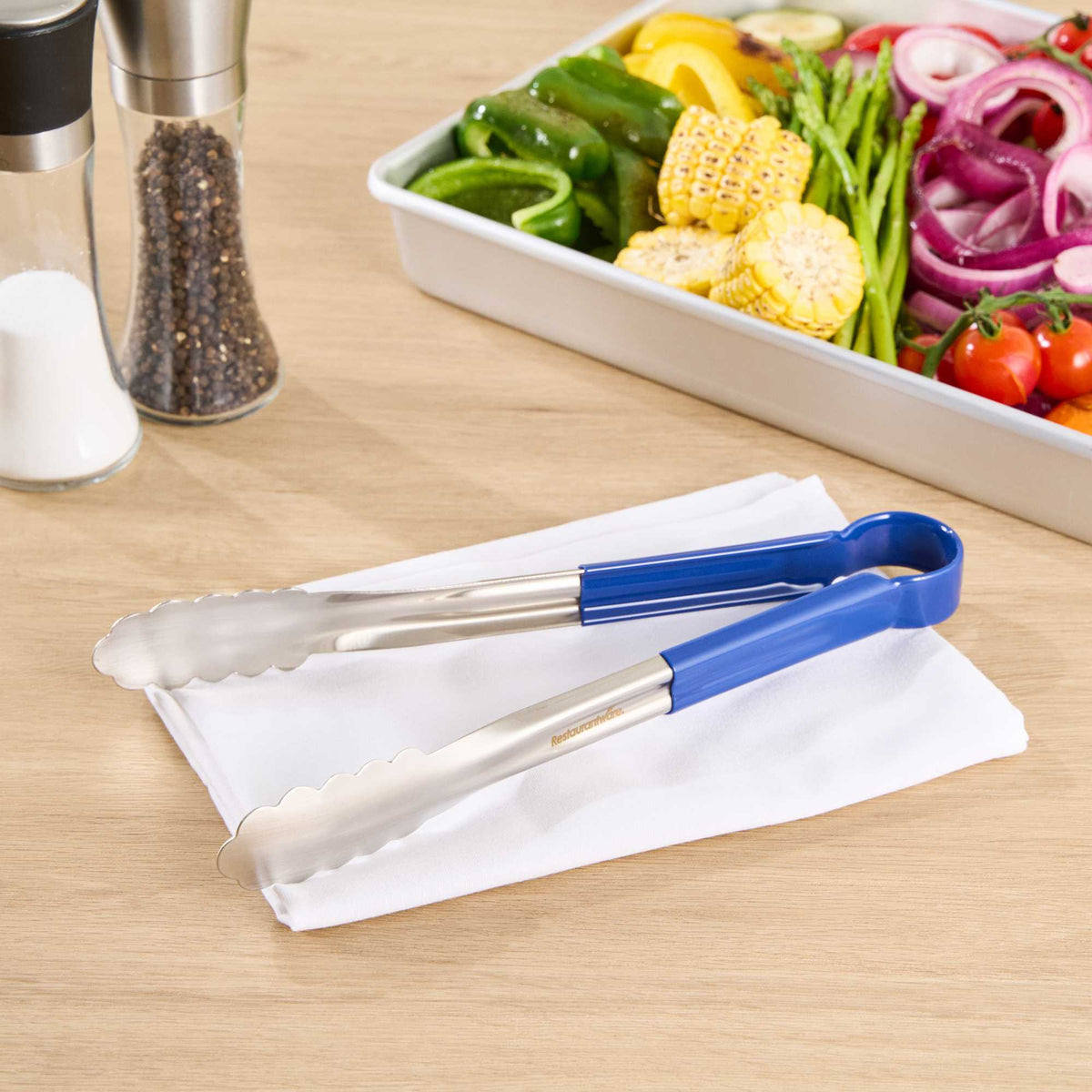 Met Lux Stainless Steel Tongs - Scalloped, Blue Coated Handle - 12" x 1 1/2" x 1 1/2" - 1 count box