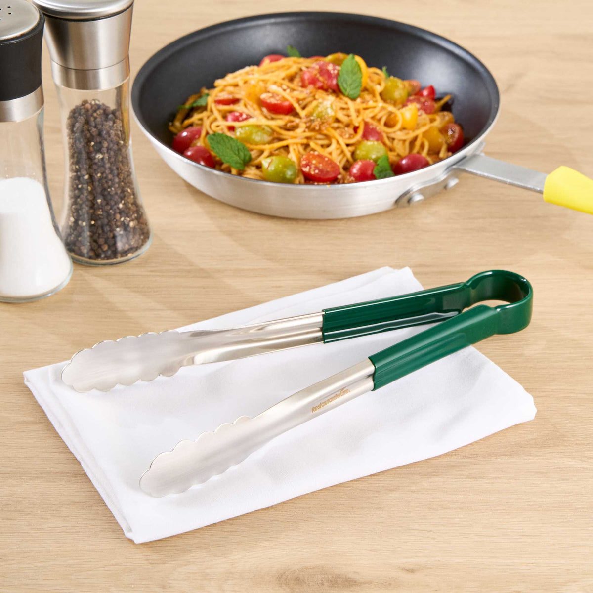 Met Lux Stainless Steel Tongs - Scalloped, Green Coated Handle - 12" x 1 1/2" x 1 1/2" - 1 count box