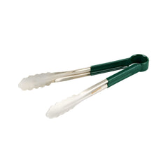 Met Lux Stainless Steel Tongs - Scalloped, Green Coated Handle - 12