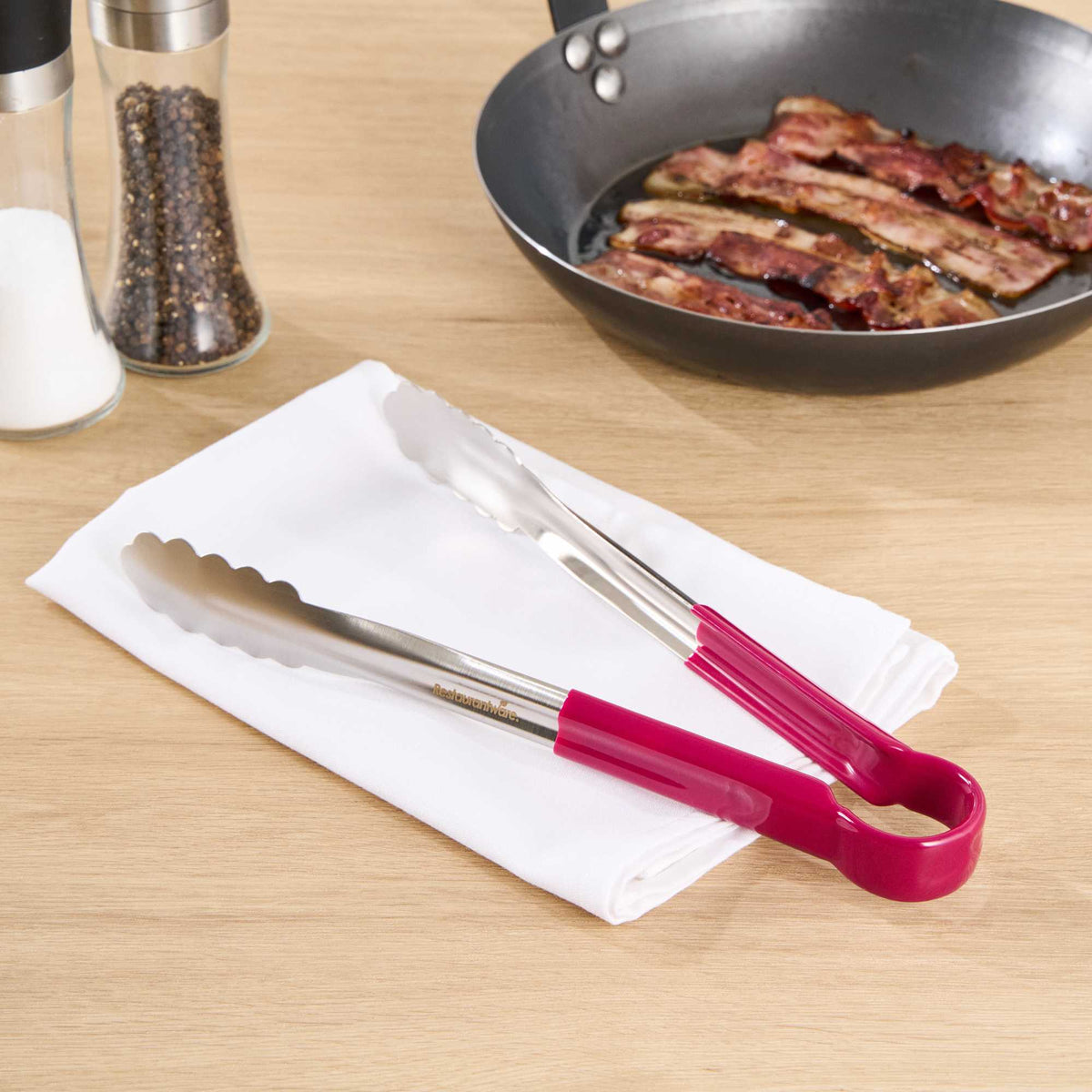 Met Lux Stainless Steel Tongs - Scalloped, Pink Coated Handle - 12" x 1 1/2" x 1 1/2" - 1 count box