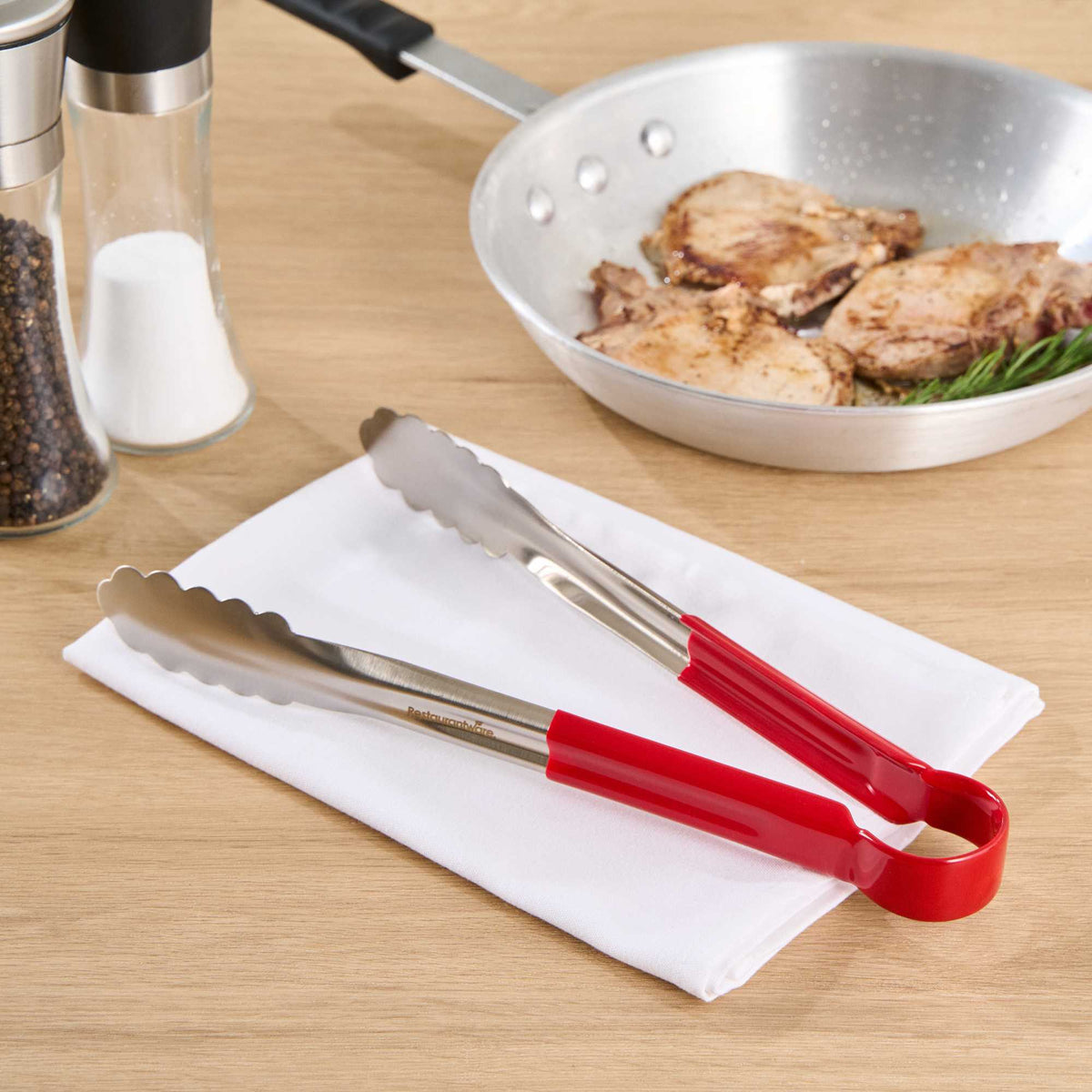 Met Lux Stainless Steel Tongs - Scalloped, Red Coated Handle - 12" x 1 1/2" x 1 1/2" - 1 count box