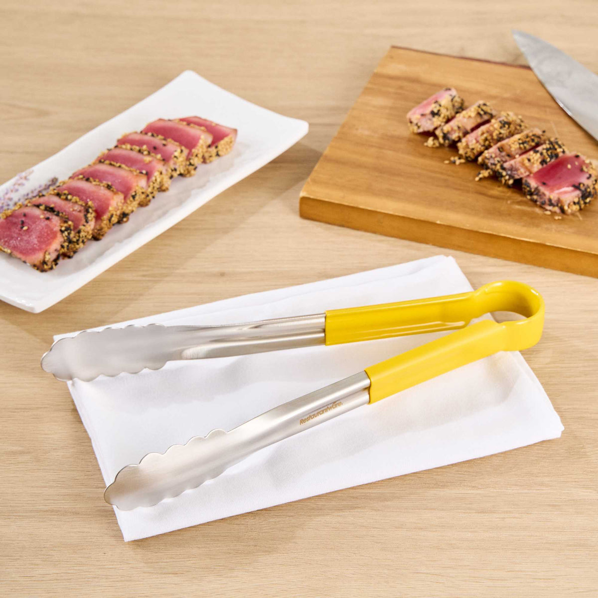 Met Lux Stainless Steel Tongs - Scalloped, Yellow Coated Handle - 12" x 1 1/2" x 1 1/2" - 1 count box