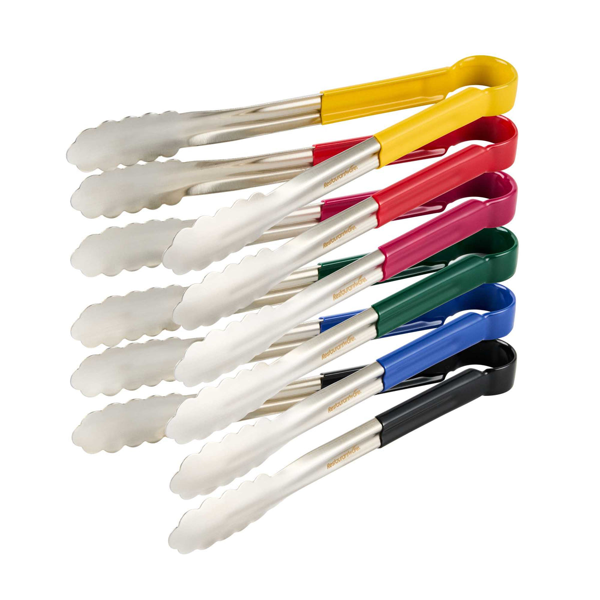 Met Lux Stainless Steel Tongs Set - Scalloped, Assorted Handles - 12" x 1 1/2" x 1 1/2" - 1 count box