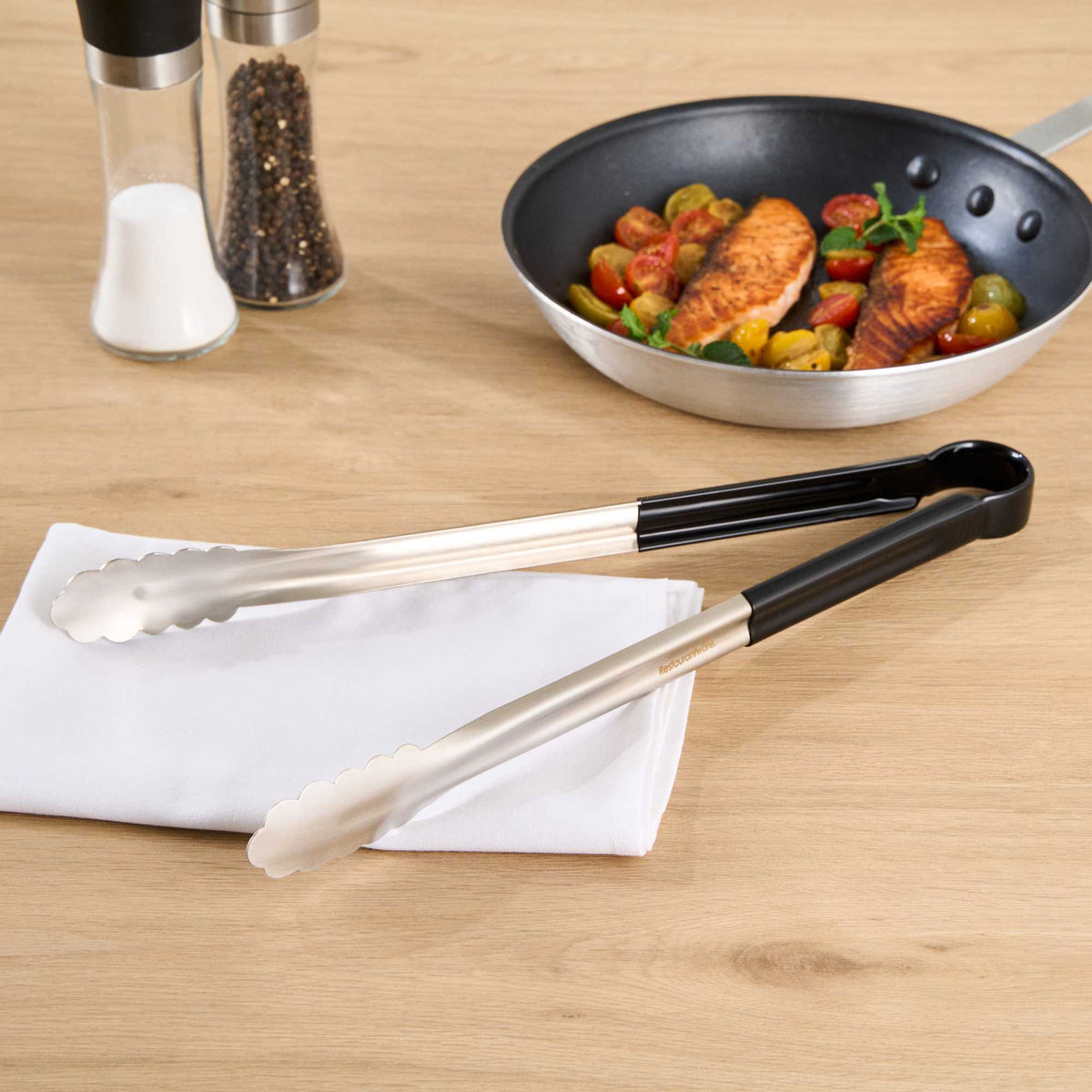 Met Lux Stainless Steel Tongs - Scalloped, Black Coated Handle - 16" x 1 1/2" x 1 1/2" - 1 count box