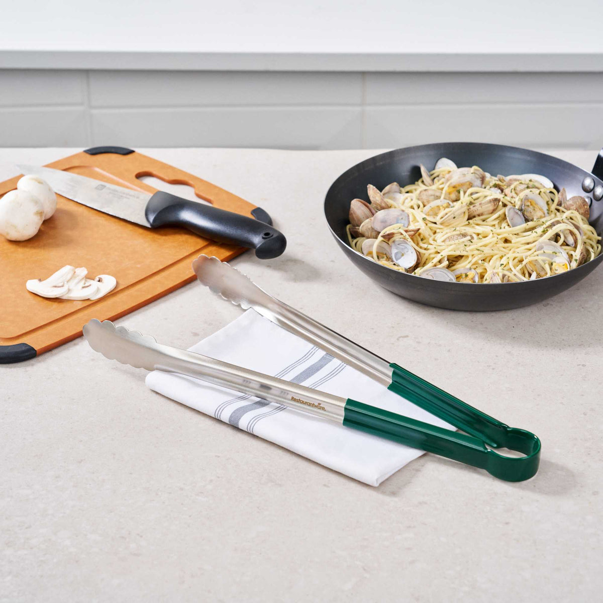 Met Lux Stainless Steel Tongs - Scalloped, Green Coated Handle - 16" x 1 1/2" x 1 1/2" - 1 count box