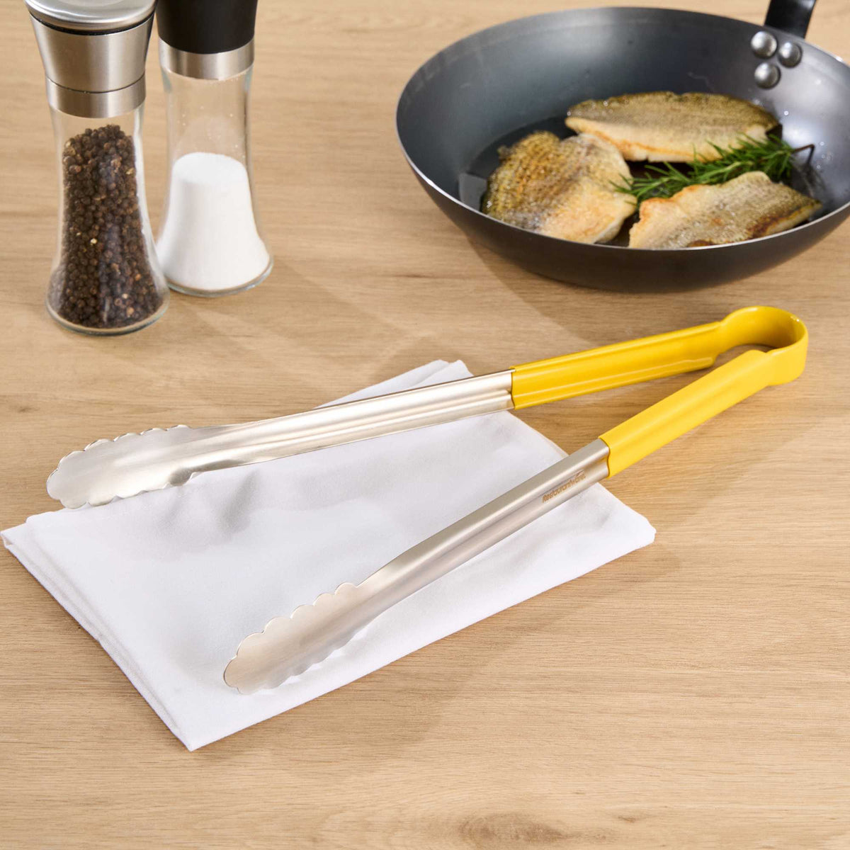 Met Lux Stainless Steel Tongs - Scalloped, Yellow Coated Handle - 16" x 1 1/2" x 1 1/2" - 1 count box