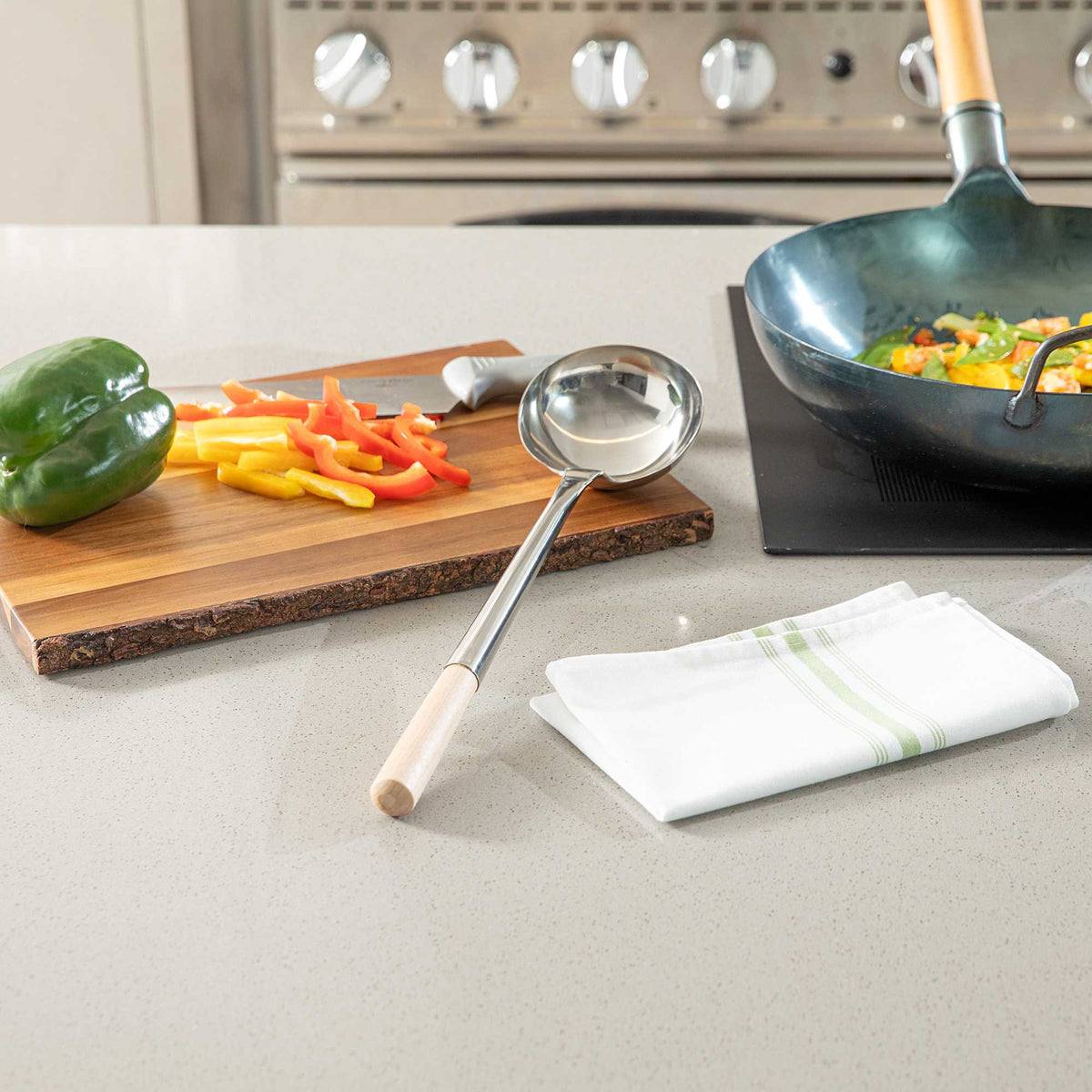 Motomori 6 oz Stainless Steel Small Wok Ladle - with 12.5" Wood Handle - 16 3/4" x 4 1/4" x 2 3/4" - 1 count box