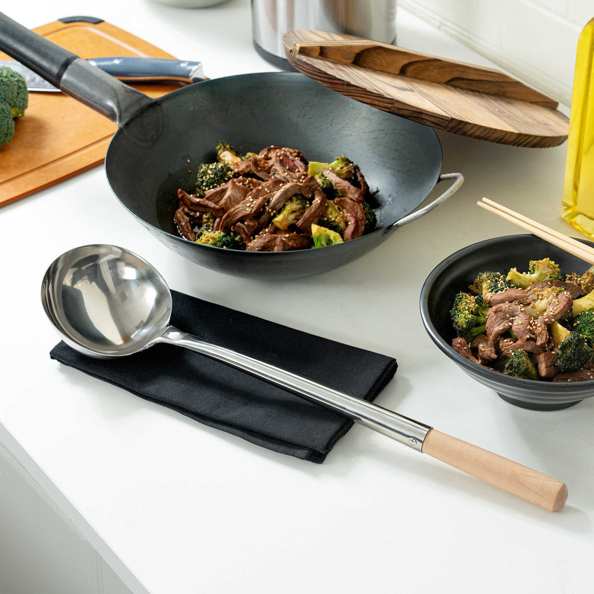 Motomori 7.5 oz Stainless Steel Medium Wok Ladle - with 14" Wood Handle - 18" x 4 3/4" x 4" - 1 count box