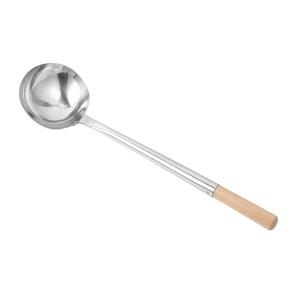 Motomori 10 oz Stainless Steel Large Wok Ladle - with 14" Wood Handle - 18 1/2" x 5" x 4 1/4" - 1 count box